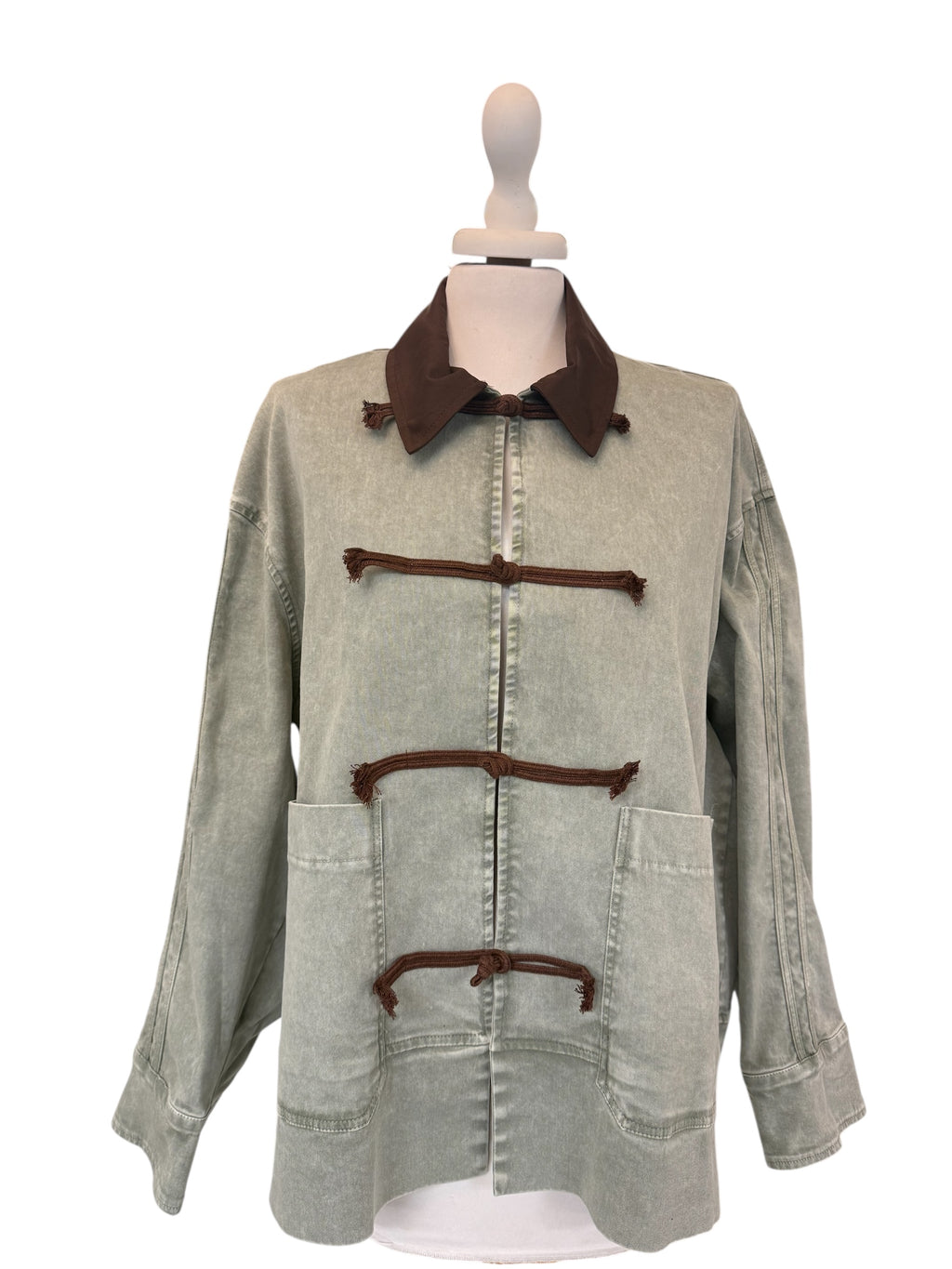 Giubbino denim verde olio con alamari