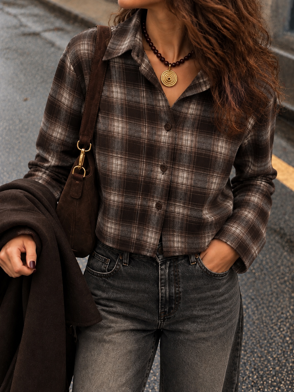Camicia check crop panna/moro