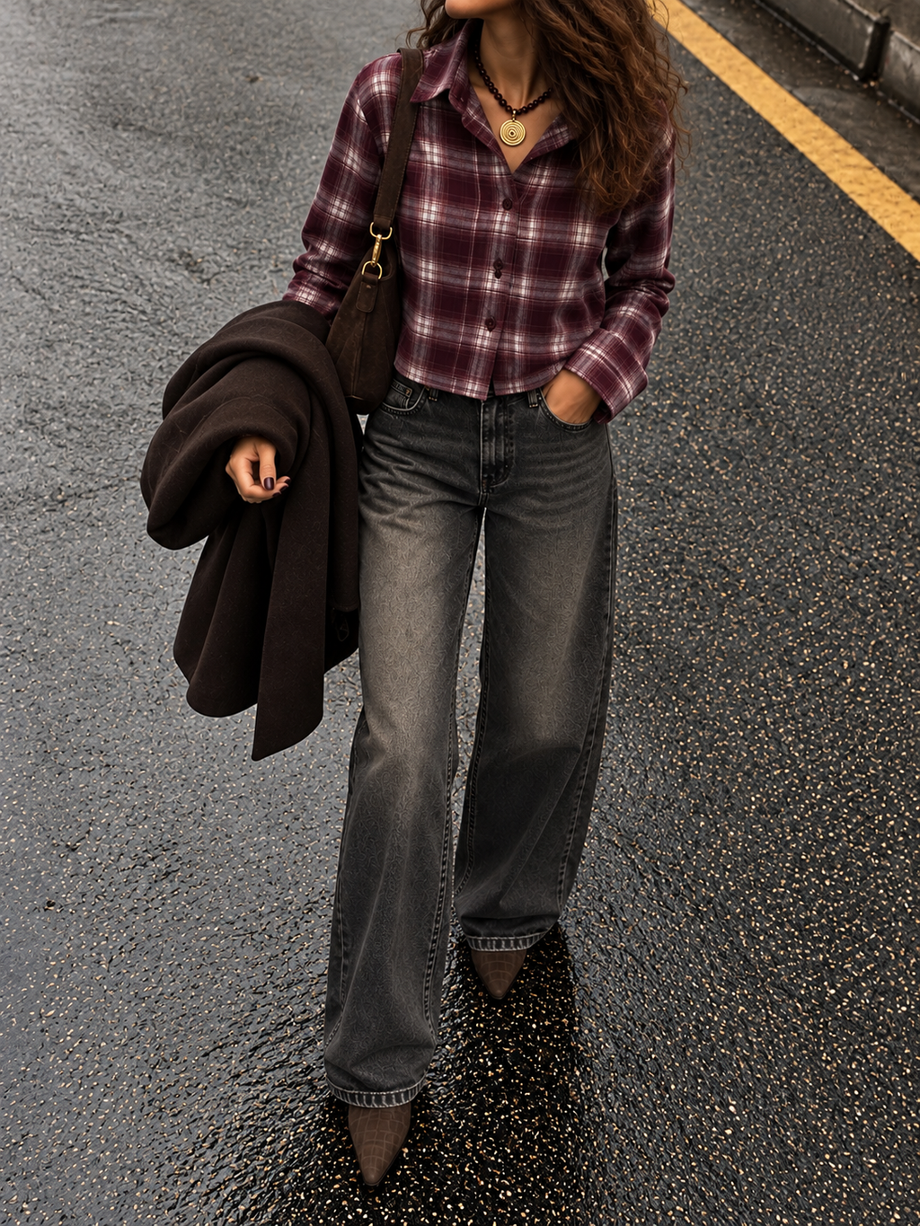 Camicia crop check bianca/bordeaux