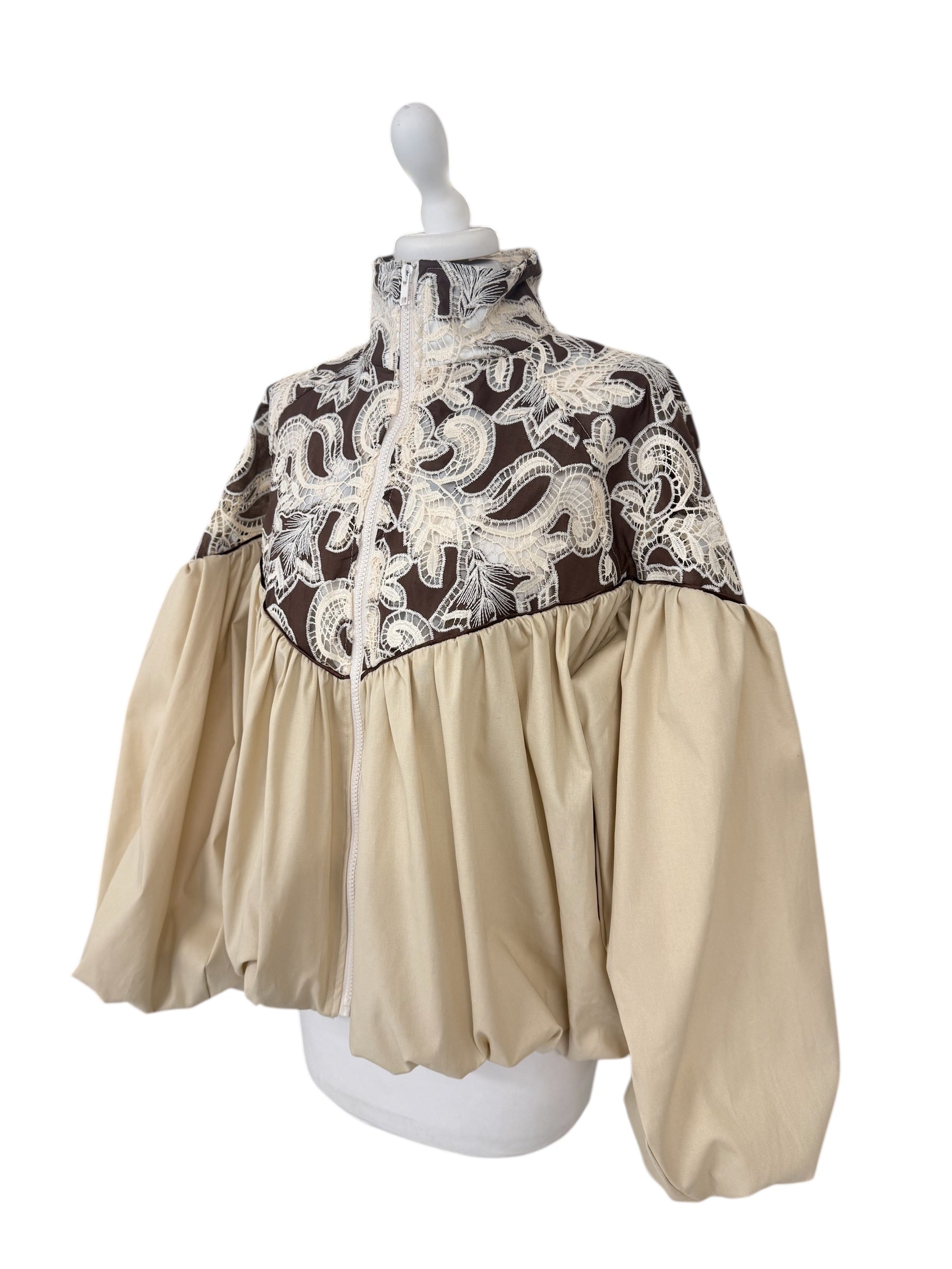 Bomber cotone e pizzo moro/beige 38955