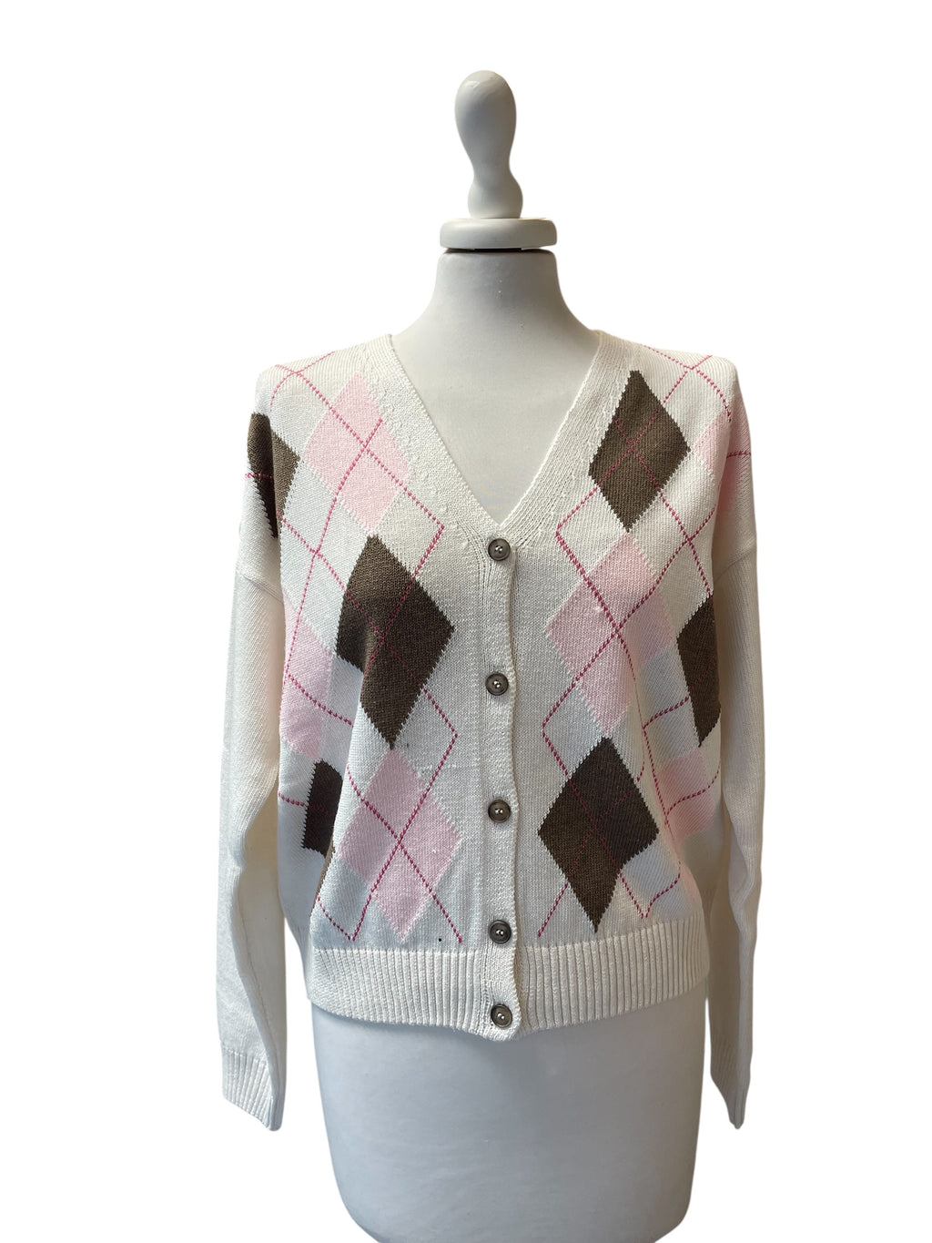 Cardigan rombi panna/rosa/moro