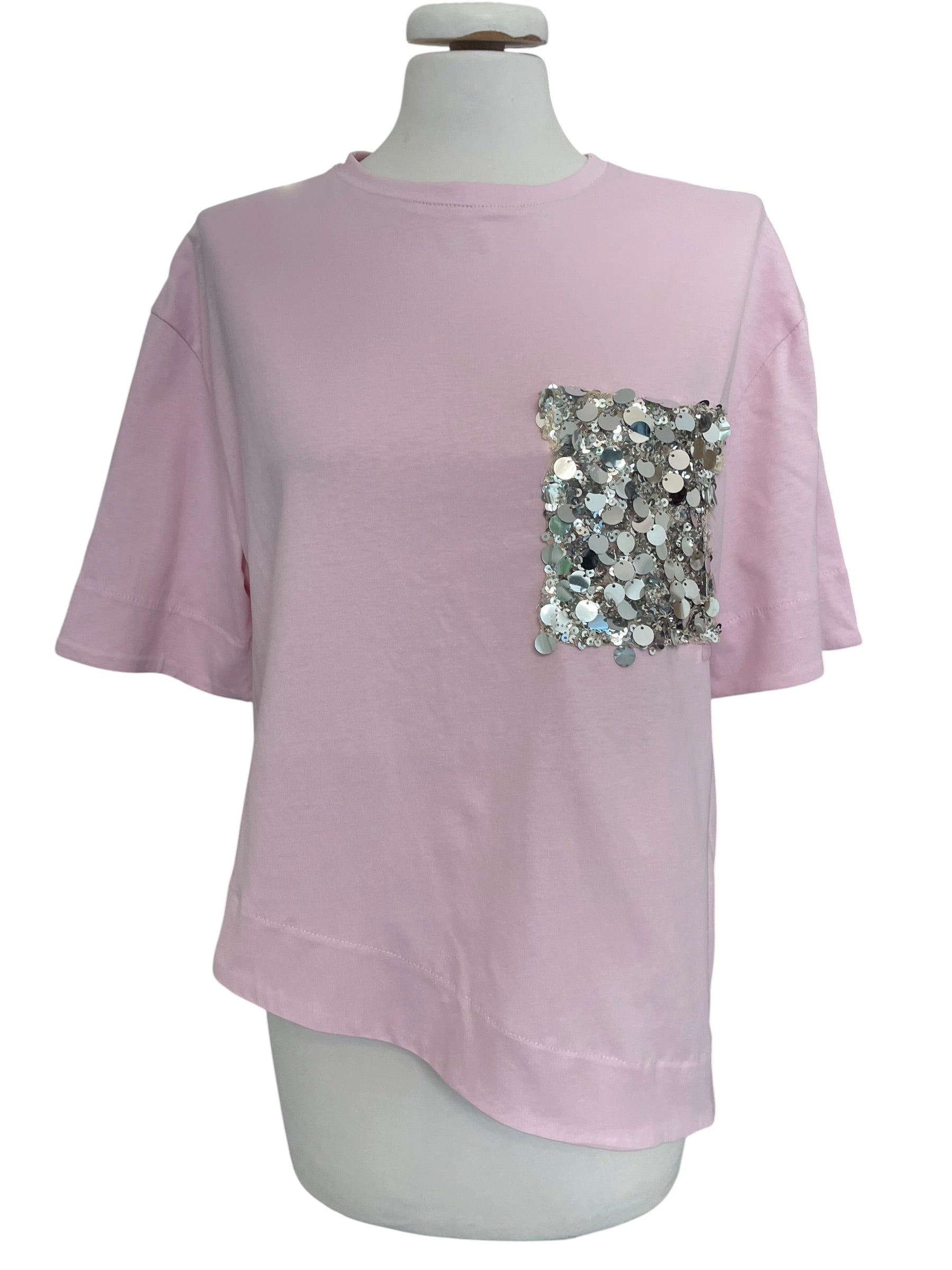 T-shirt asimmetrica taschino paiettes