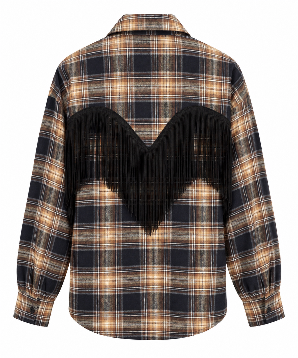 Camicia check frange nero/beige/bruciato