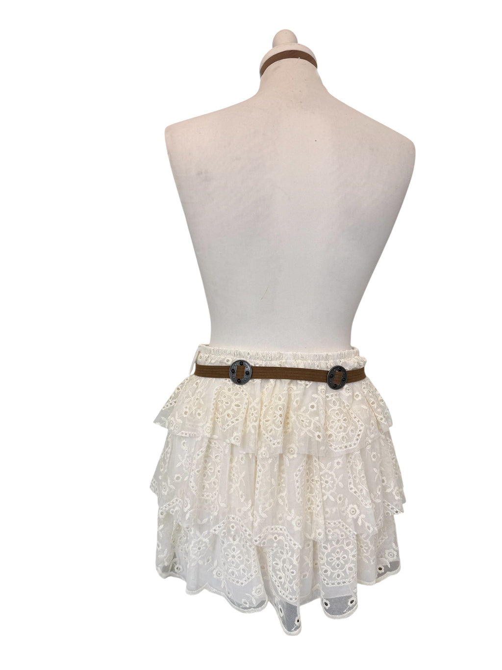 Minigonna a balze in tulle ricamato panna