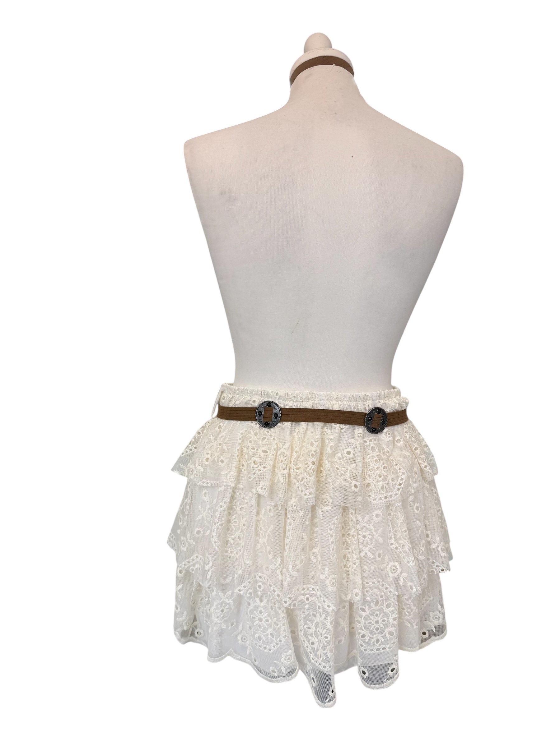 Minigonna a balze in tulle ricamato panna