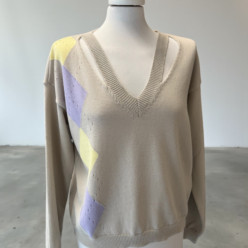 Maglia beige cutout rombi lilla/giallo