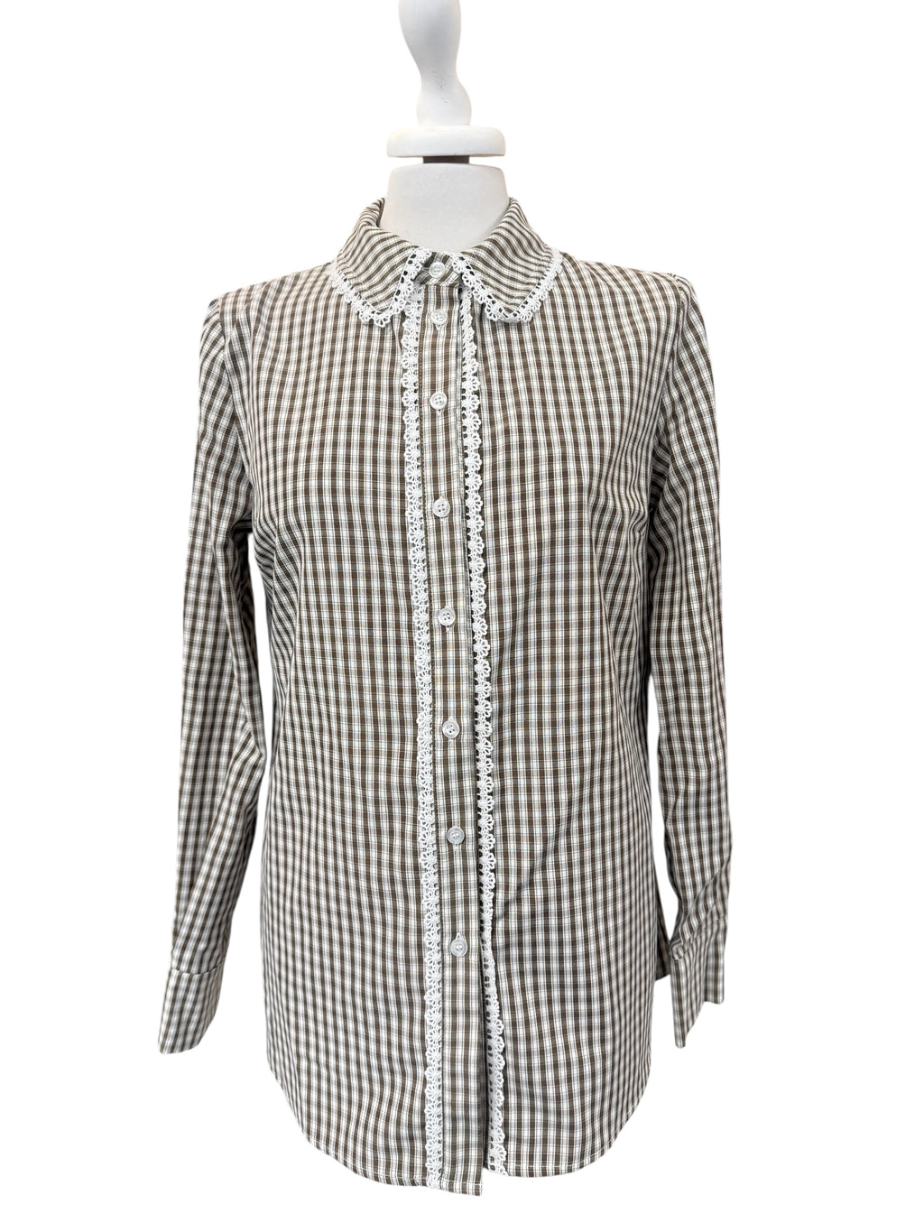 Camicia quadretti beige/bco con pizzo