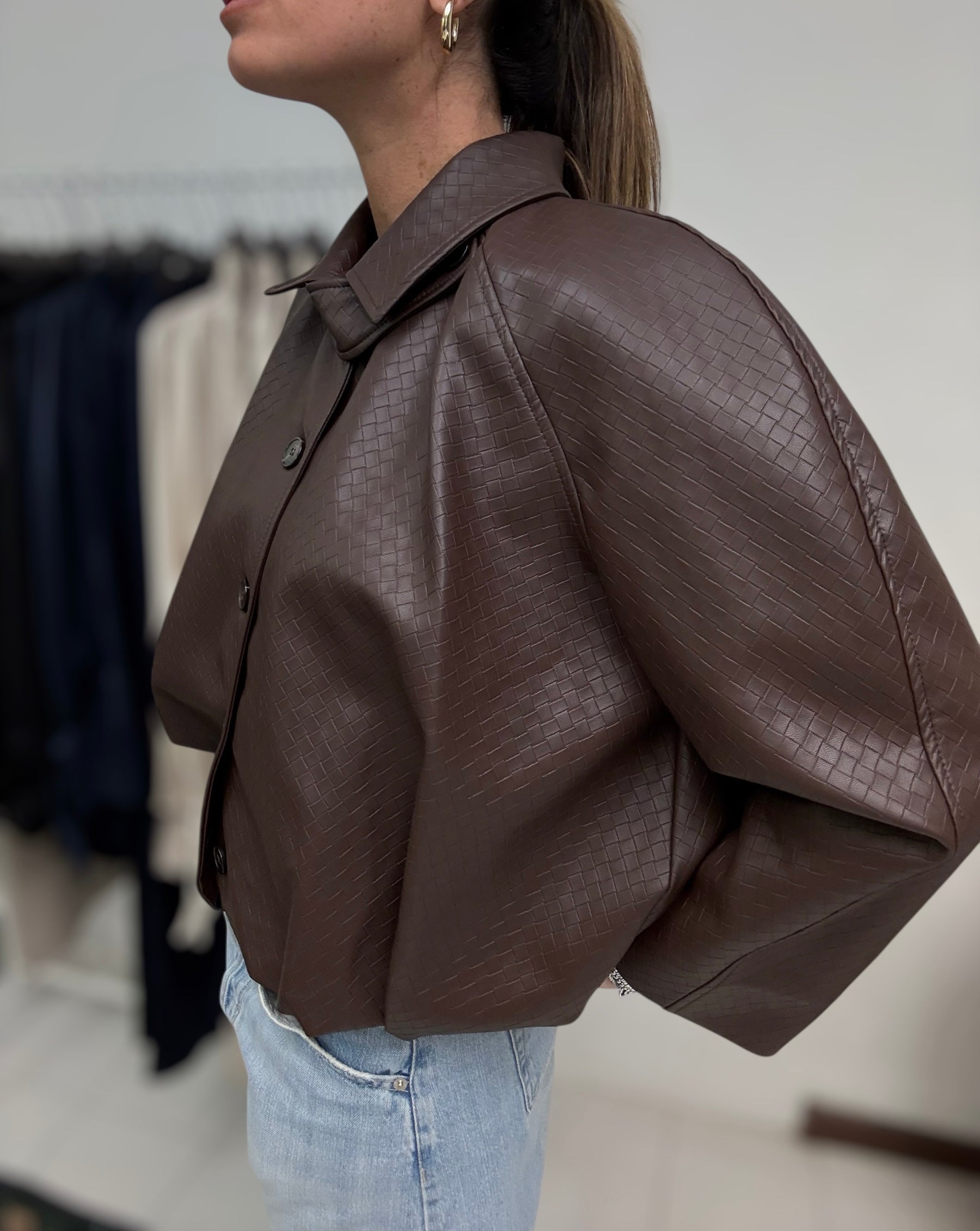 Bomber in ecopelle intrecciata moro
