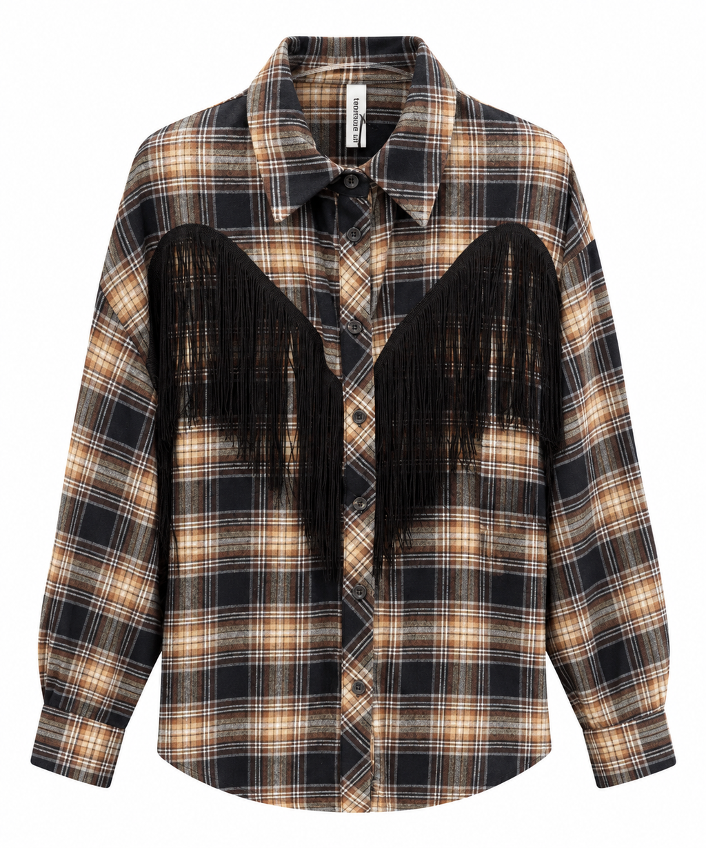 Camicia check frange nero/beige/bruciato