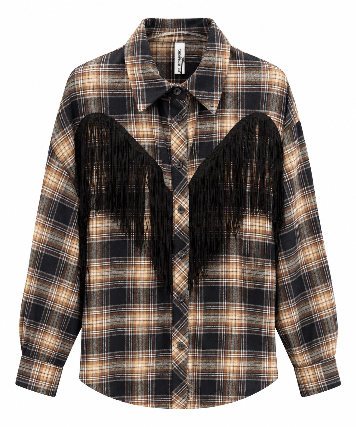 Camicia check frange nero/beige/bruciato
