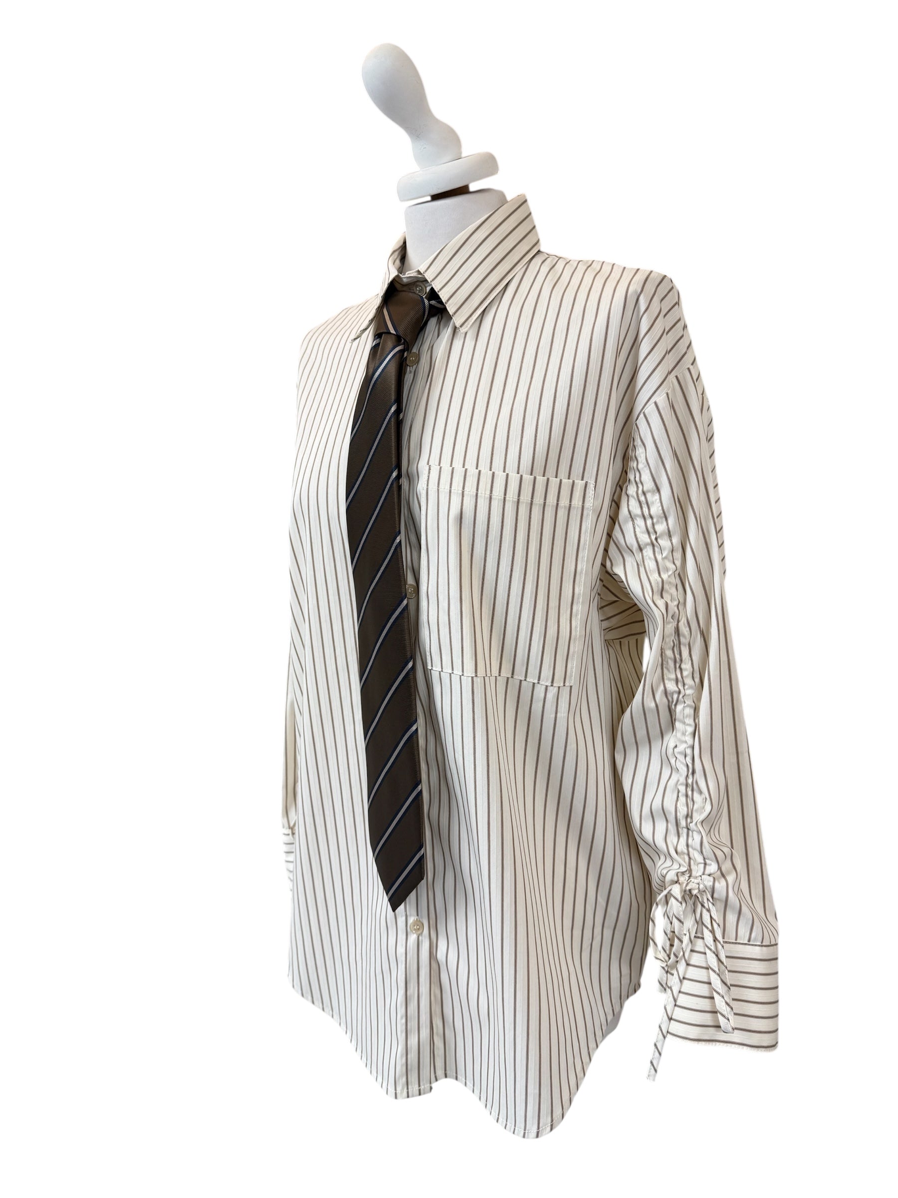 Camicia a righe beige manica arriccio + cravatta