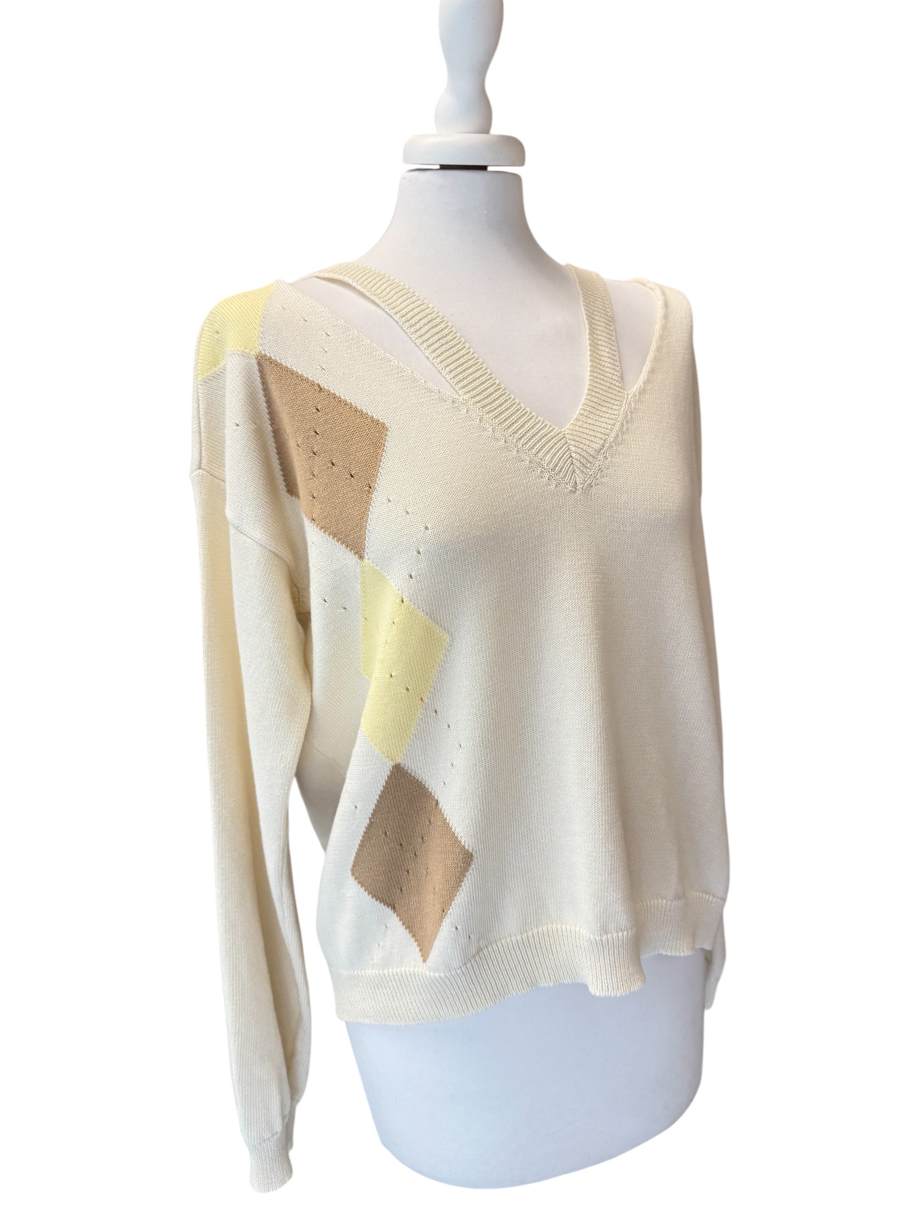 Maglia cutout crema rombi Camel/giallo