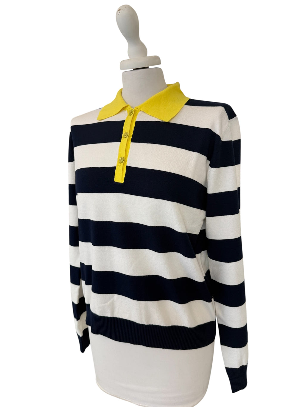 Polo rigata bco/blu collo giallo