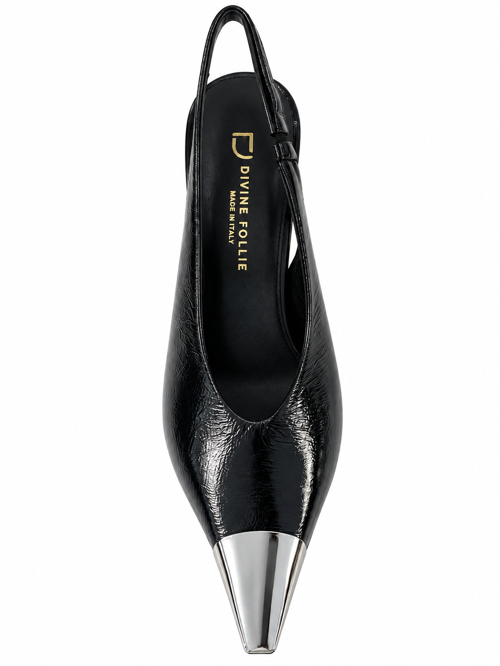Sling Back in pelle nera con punta in metallo agento