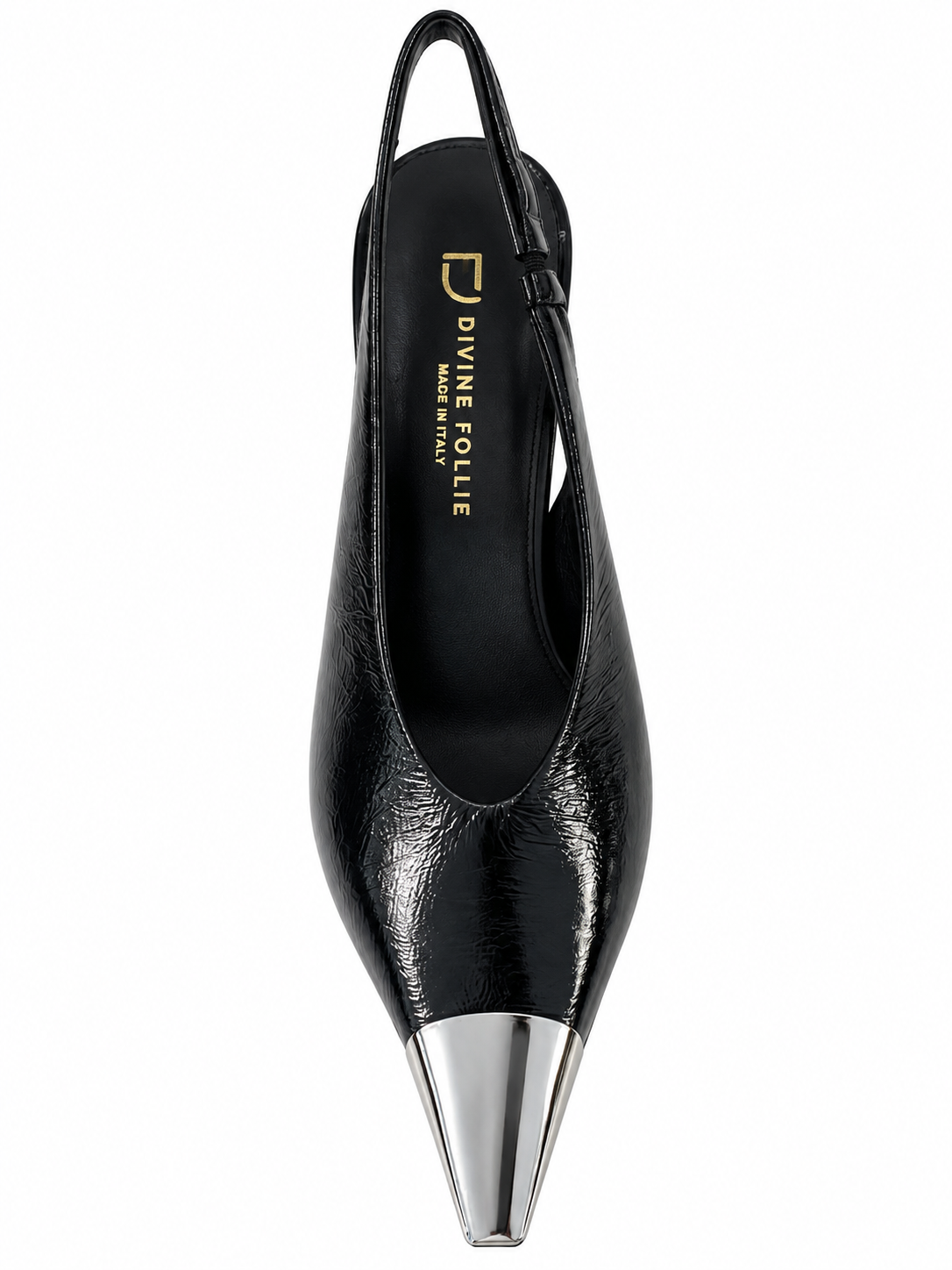 Sling Back in pelle nera con punta in metallo agento