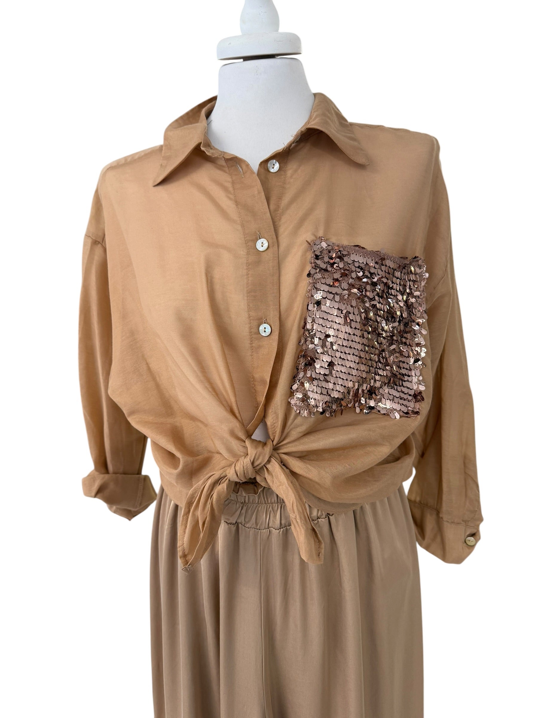 Camicia misto seta taschino in paiettes