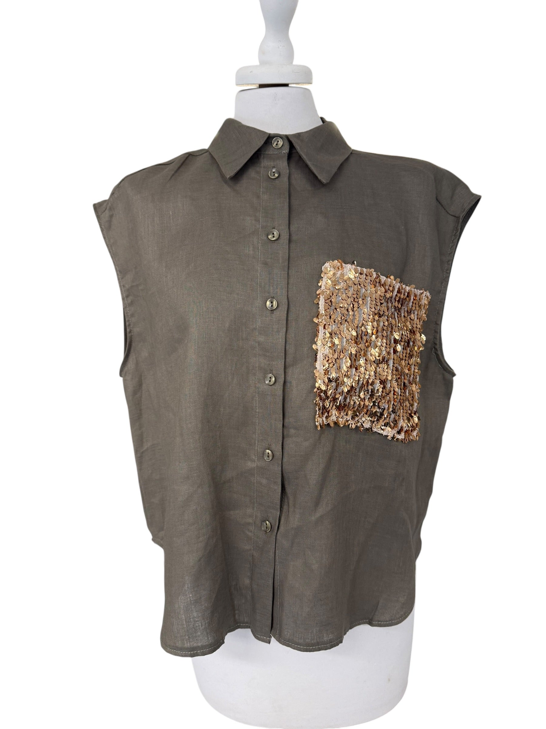 Camicia in lino con taschino in paiettes