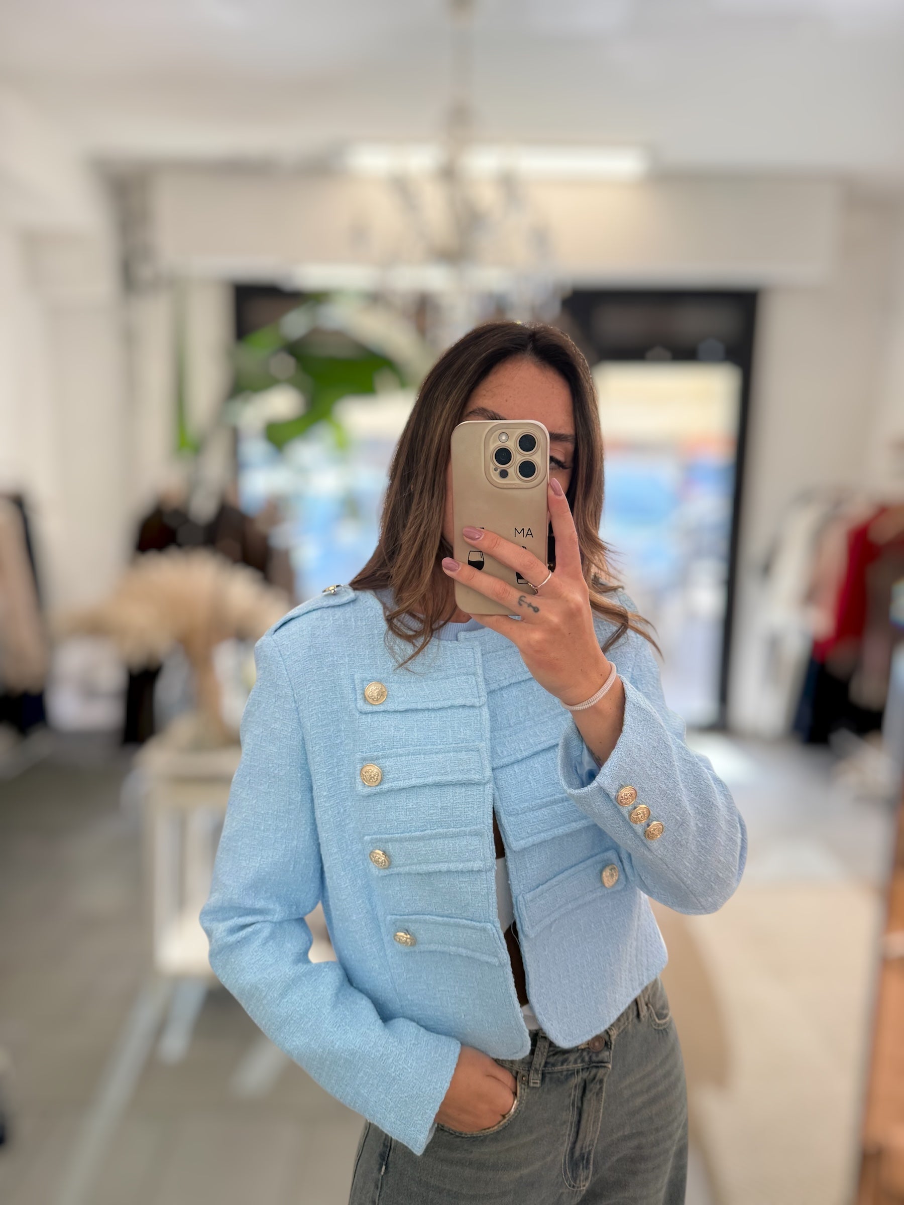 Giacca Napoleone in boucle celeste