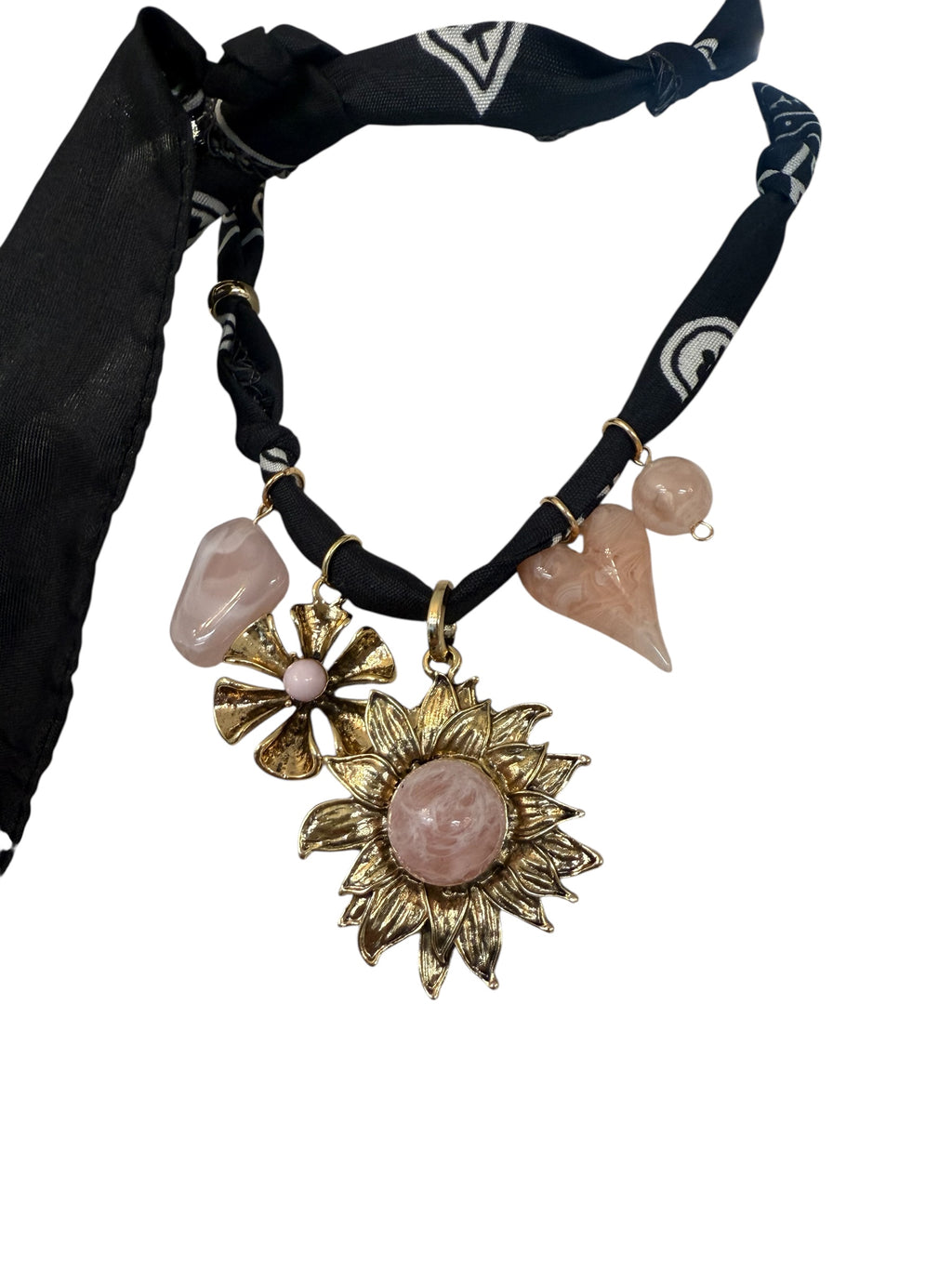 NECKLACE bandana nera / fiori rosa