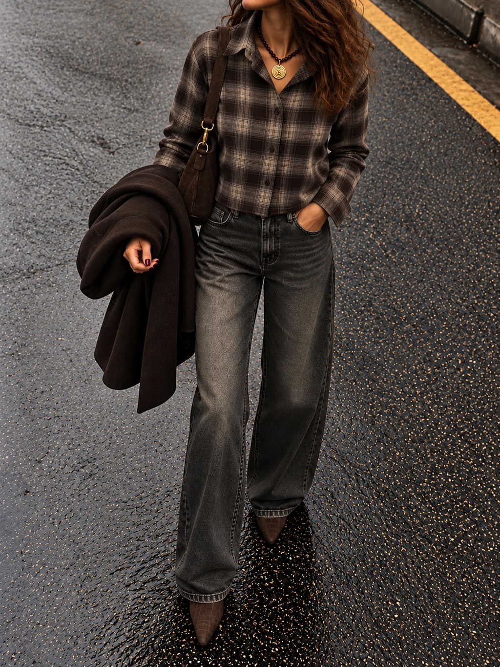 Camicia check crop panna/moro