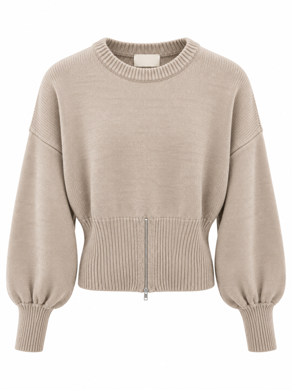 Maglia beige manica palloncino fittata con zip