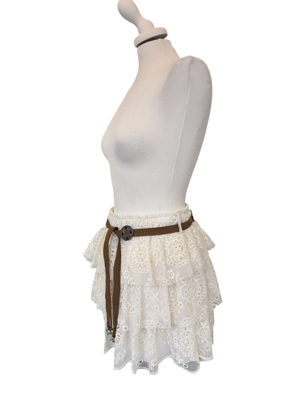 Minigonna a balze in tulle ricamato panna