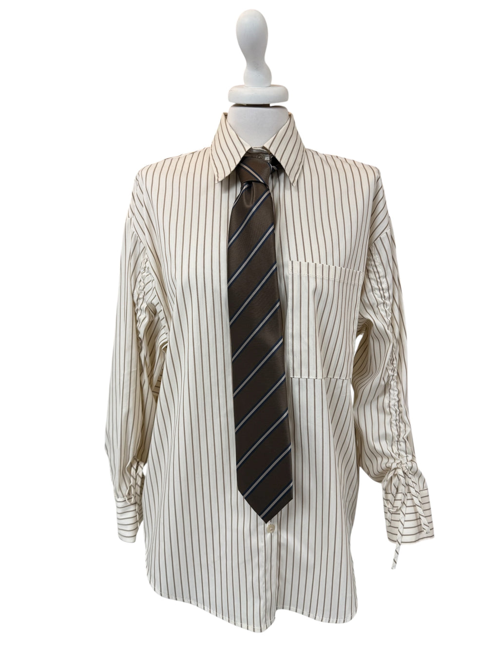 Camicia a righe beige manica arriccio + cravatta