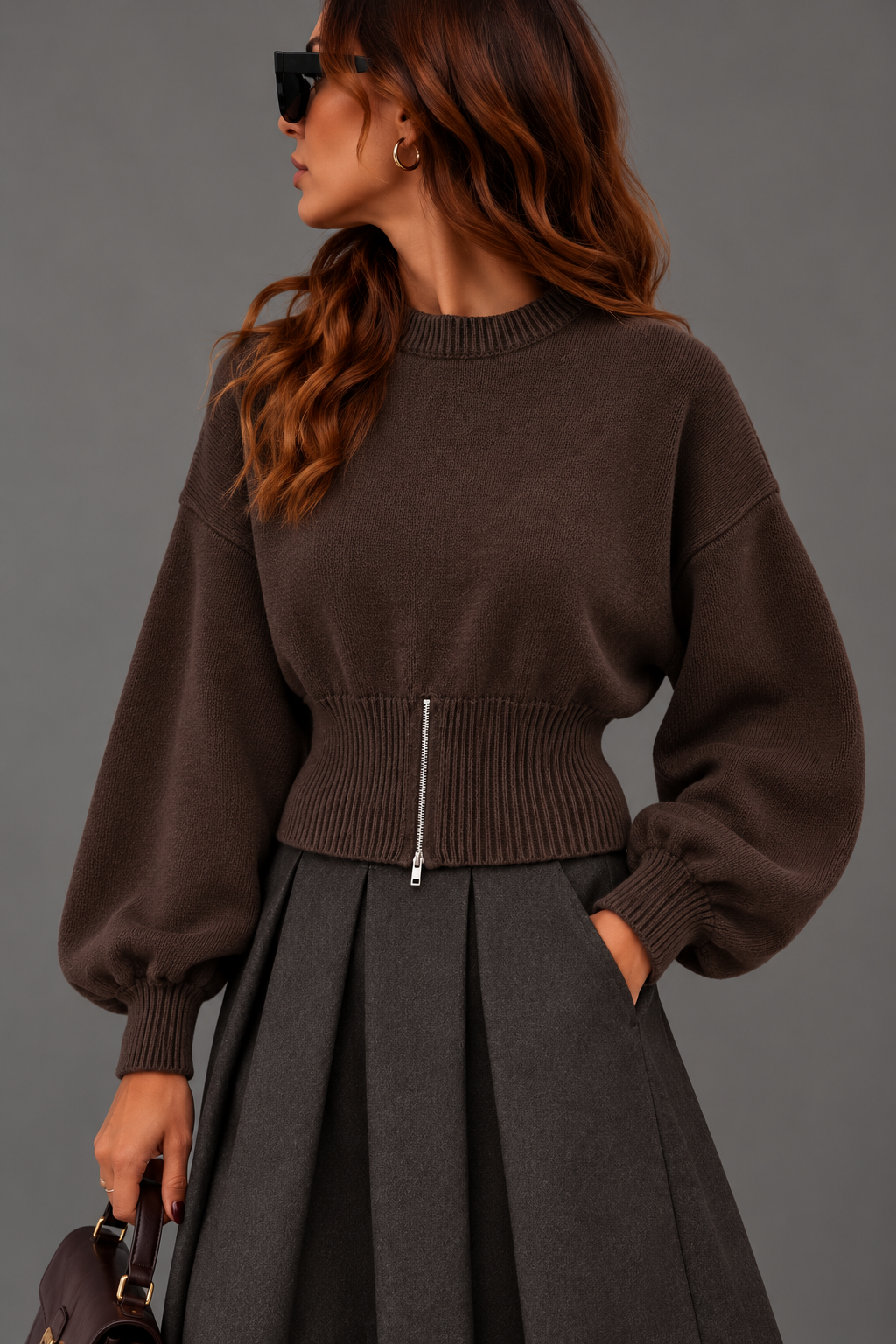 Maglia moro manica palloncino fittata con zip
