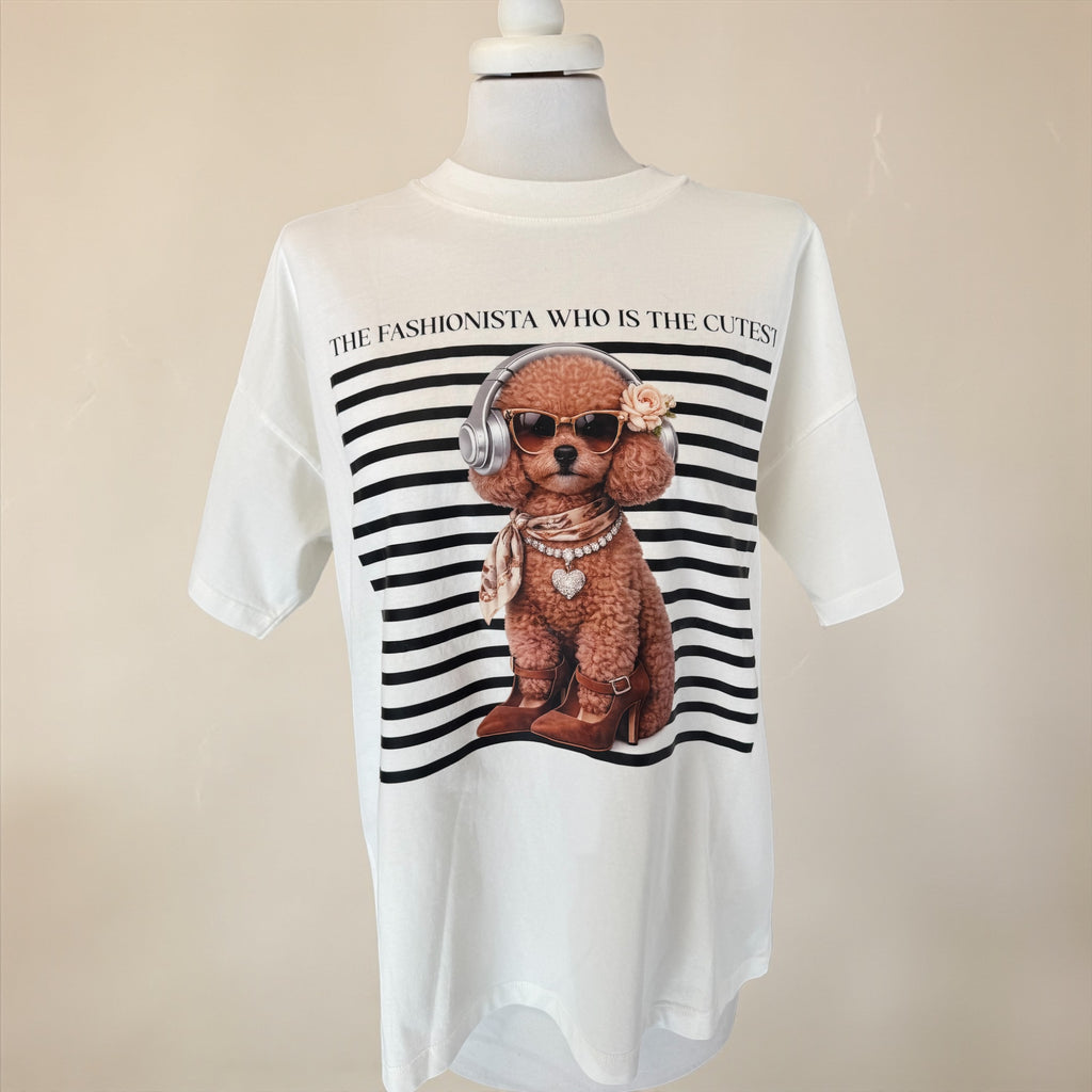 T-shirt bianca over stampa barboncino