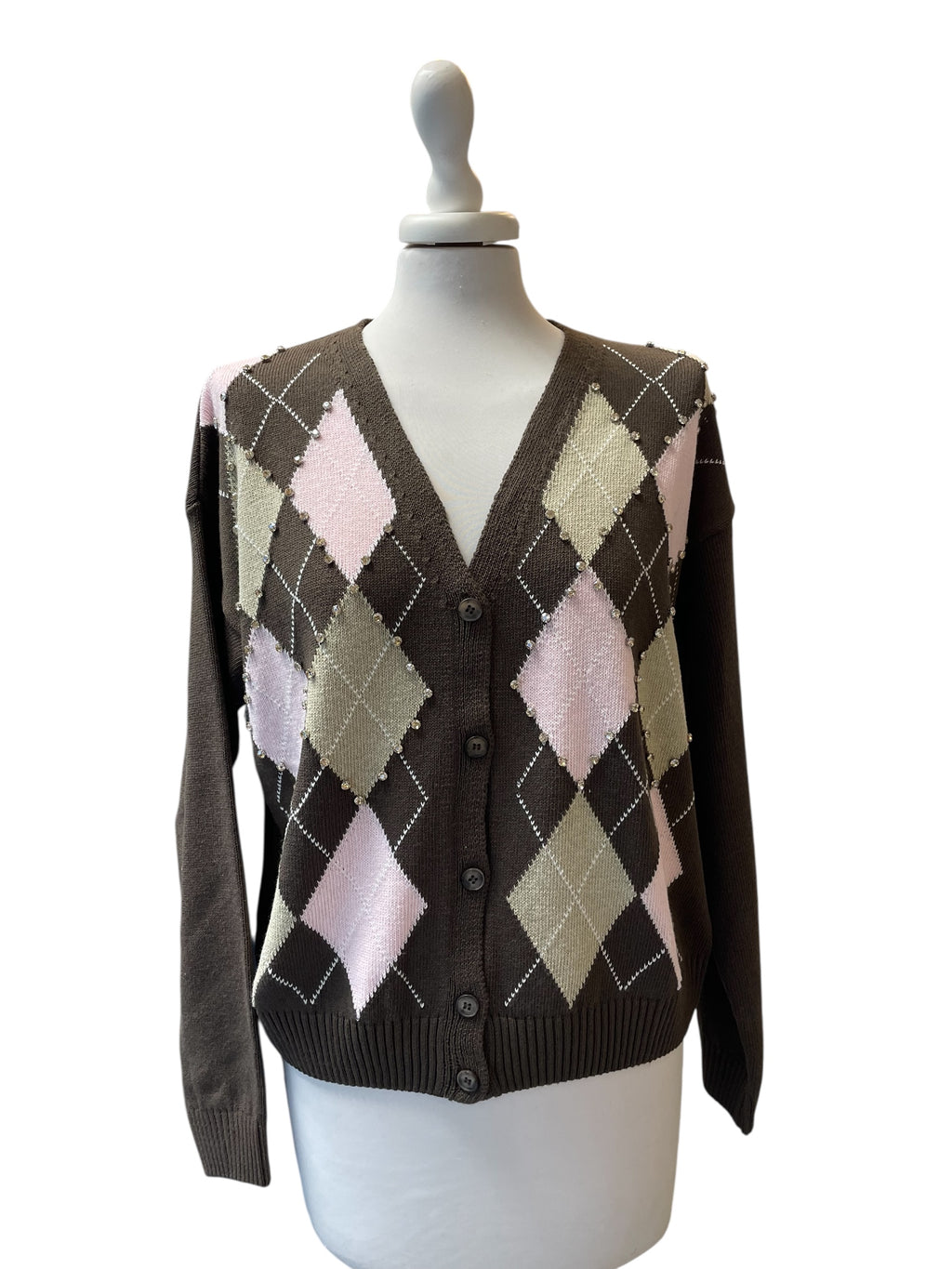 Cardigan rombi strass moro/rosa/beige