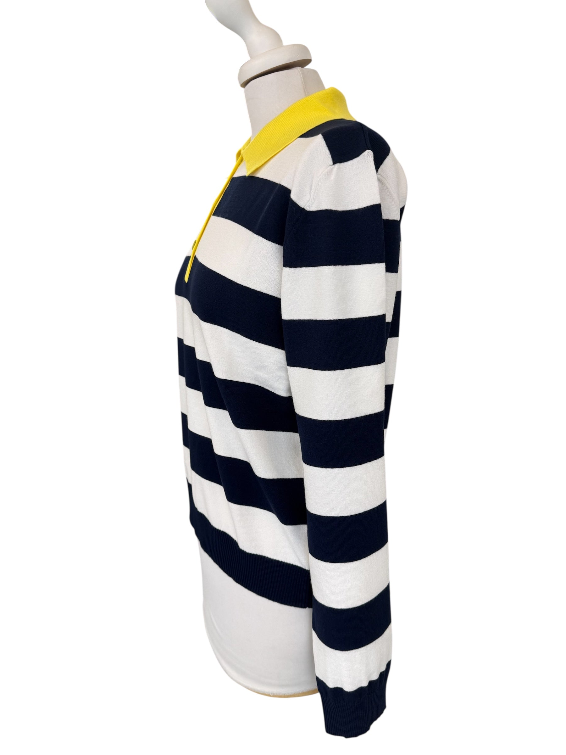 Polo rigata bco/blu collo giallo