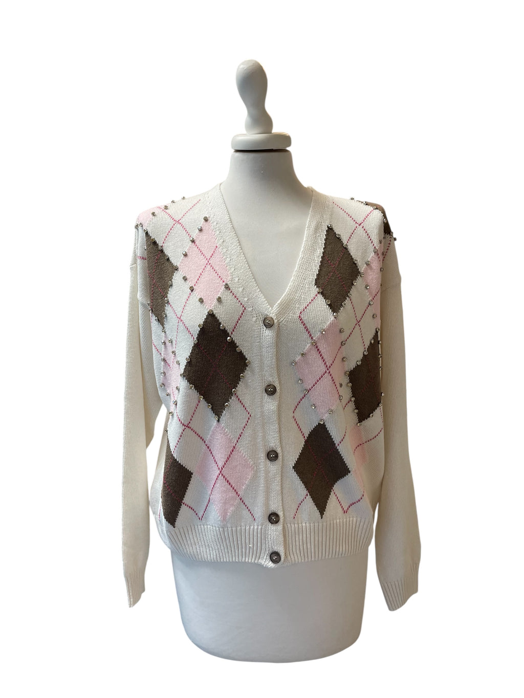 Cardigan rombi strass panna/rosa/moro