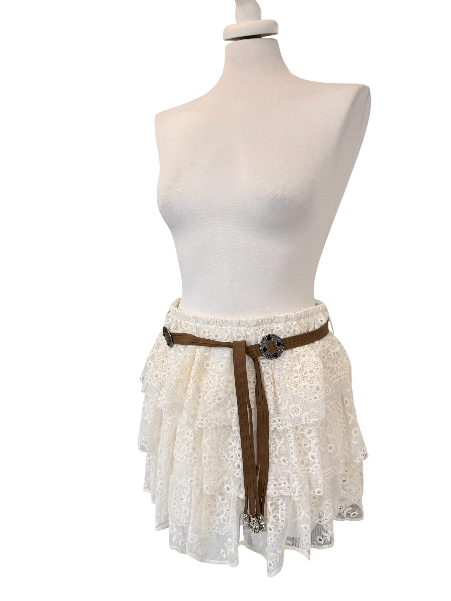 Minigonna a balze in tulle ricamato panna