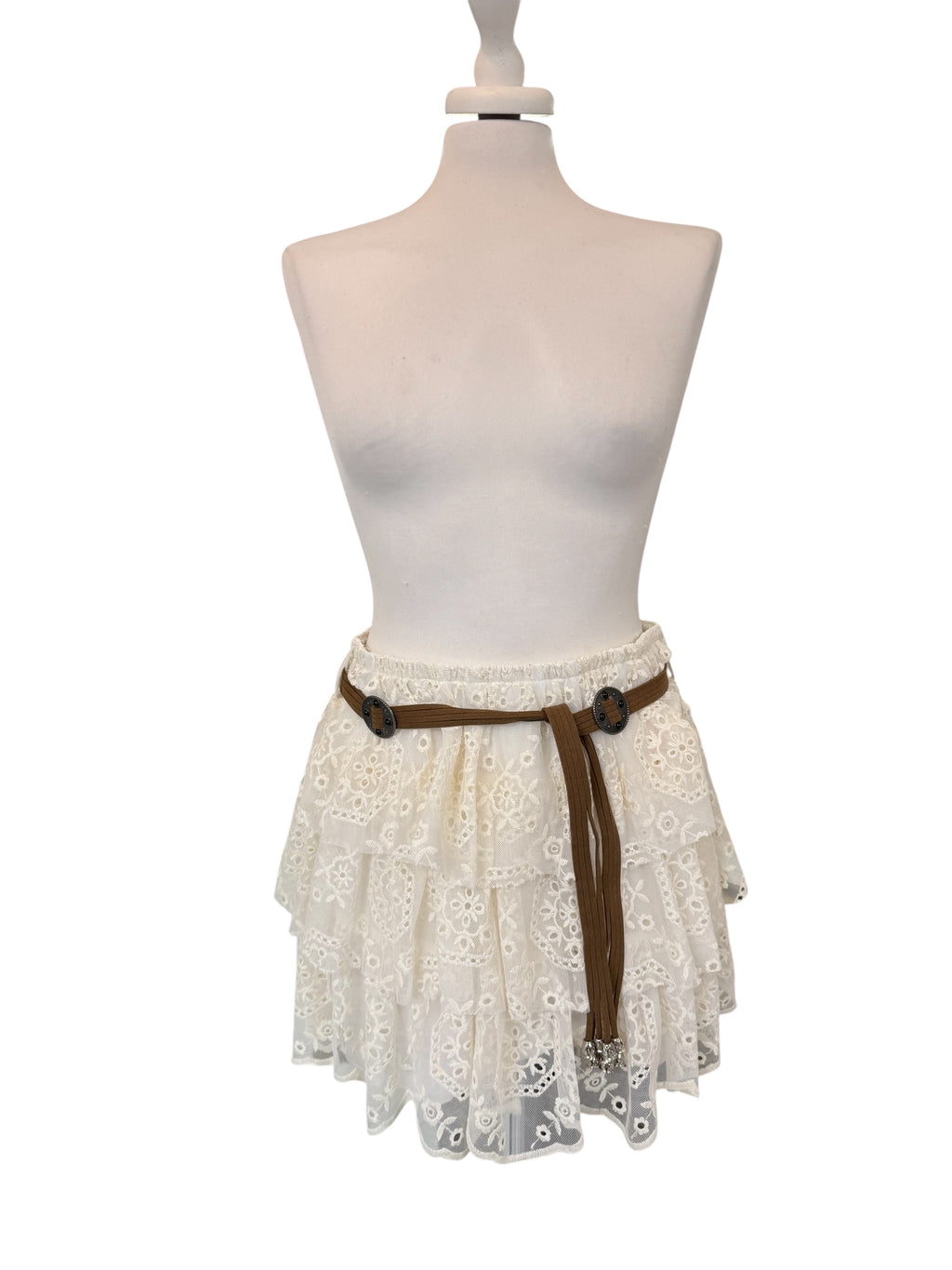 Minigonna a balze in tulle ricamato panna
