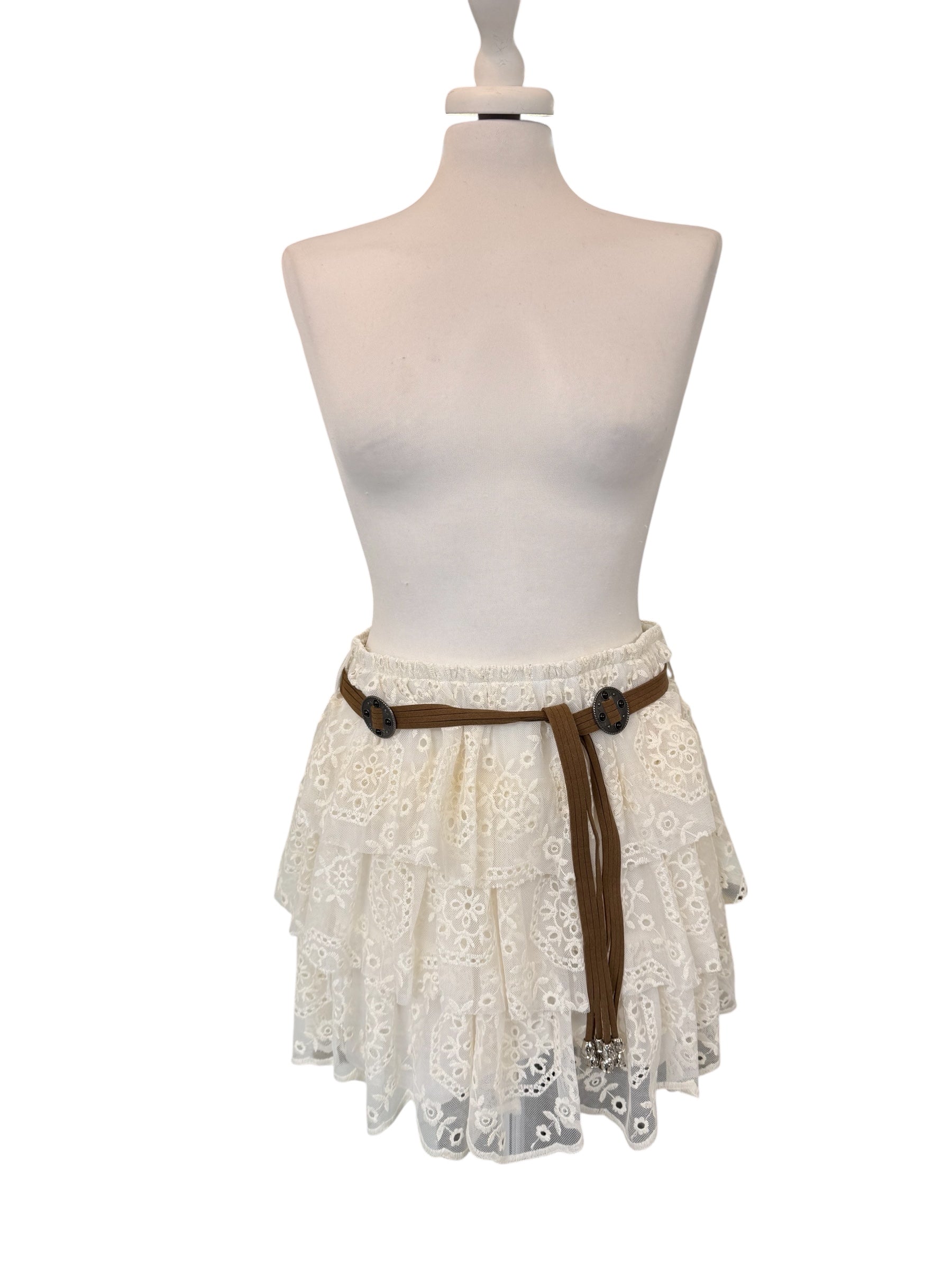 Minigonna a balze in tulle ricamato panna