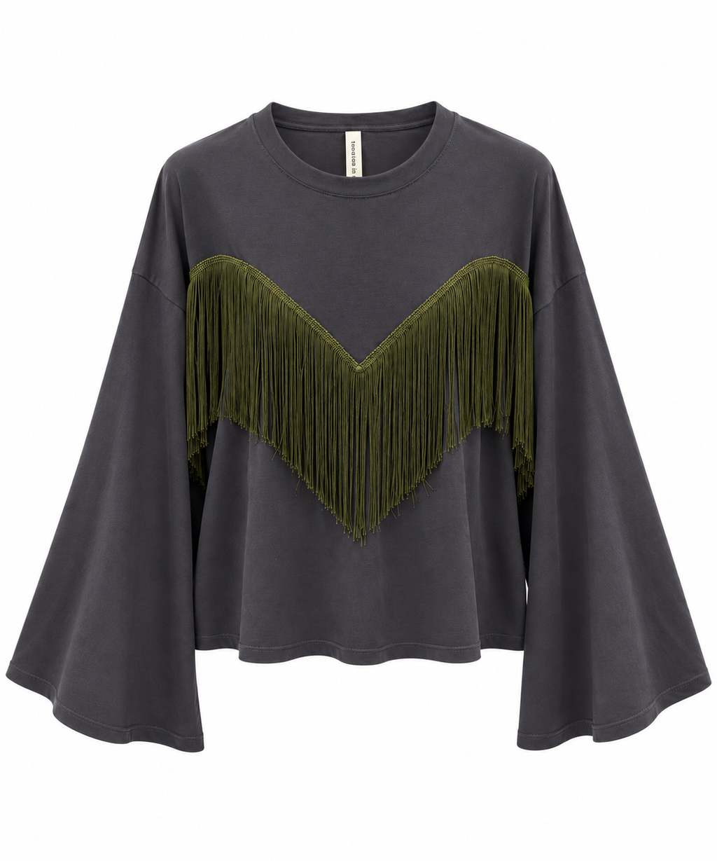Maglia antracite con frangia e manica a campana 27M6300