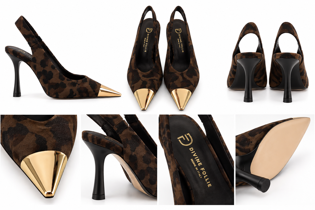 Sling back maculata alta con punta in metallo