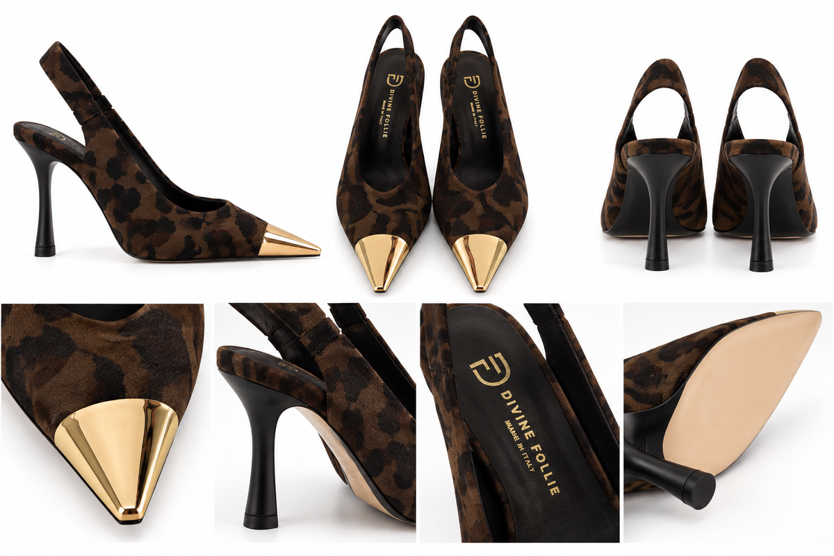 Sling back maculata alta con punta in metallo