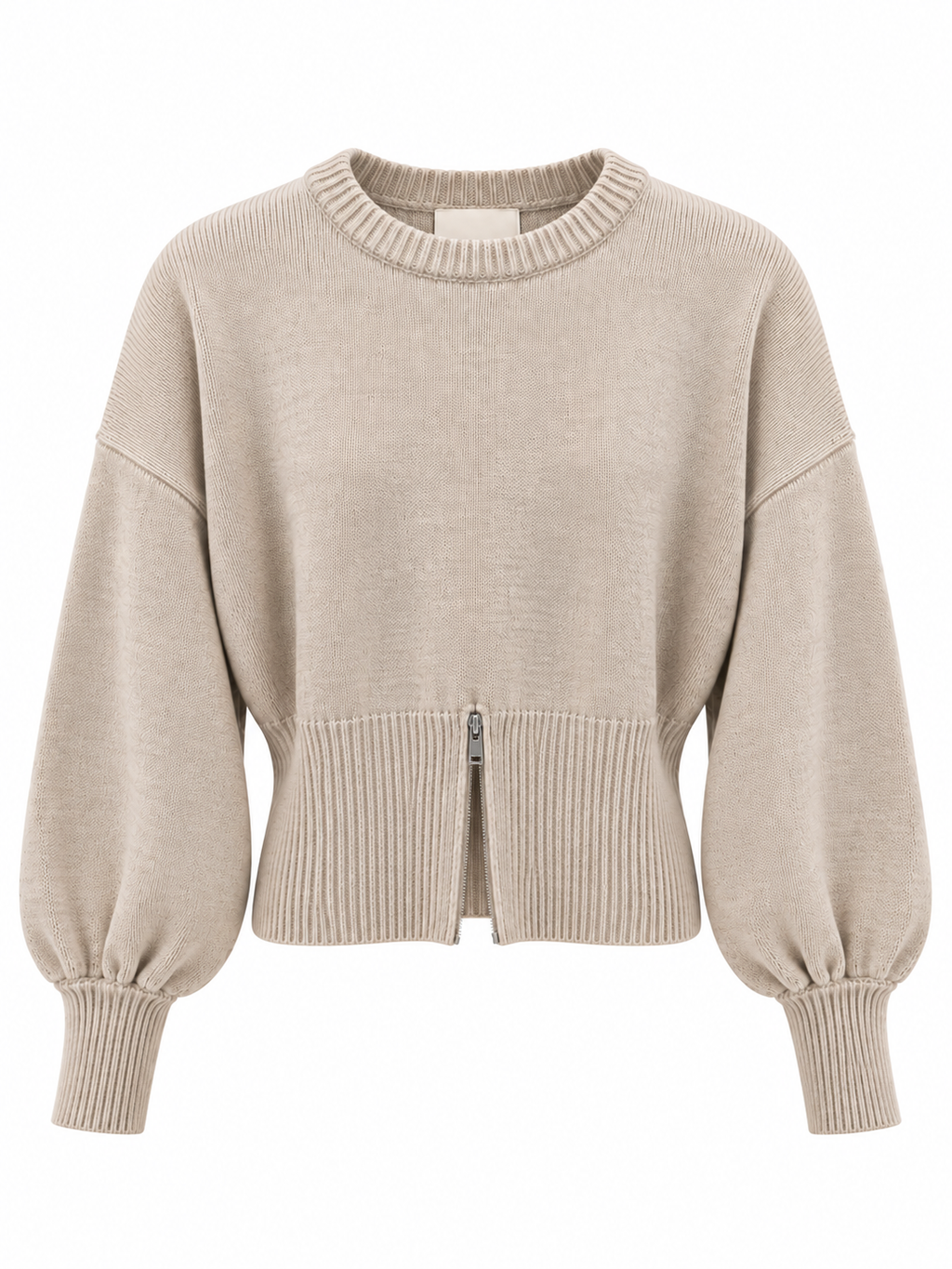 Maglia beige manica palloncino fittata con zip