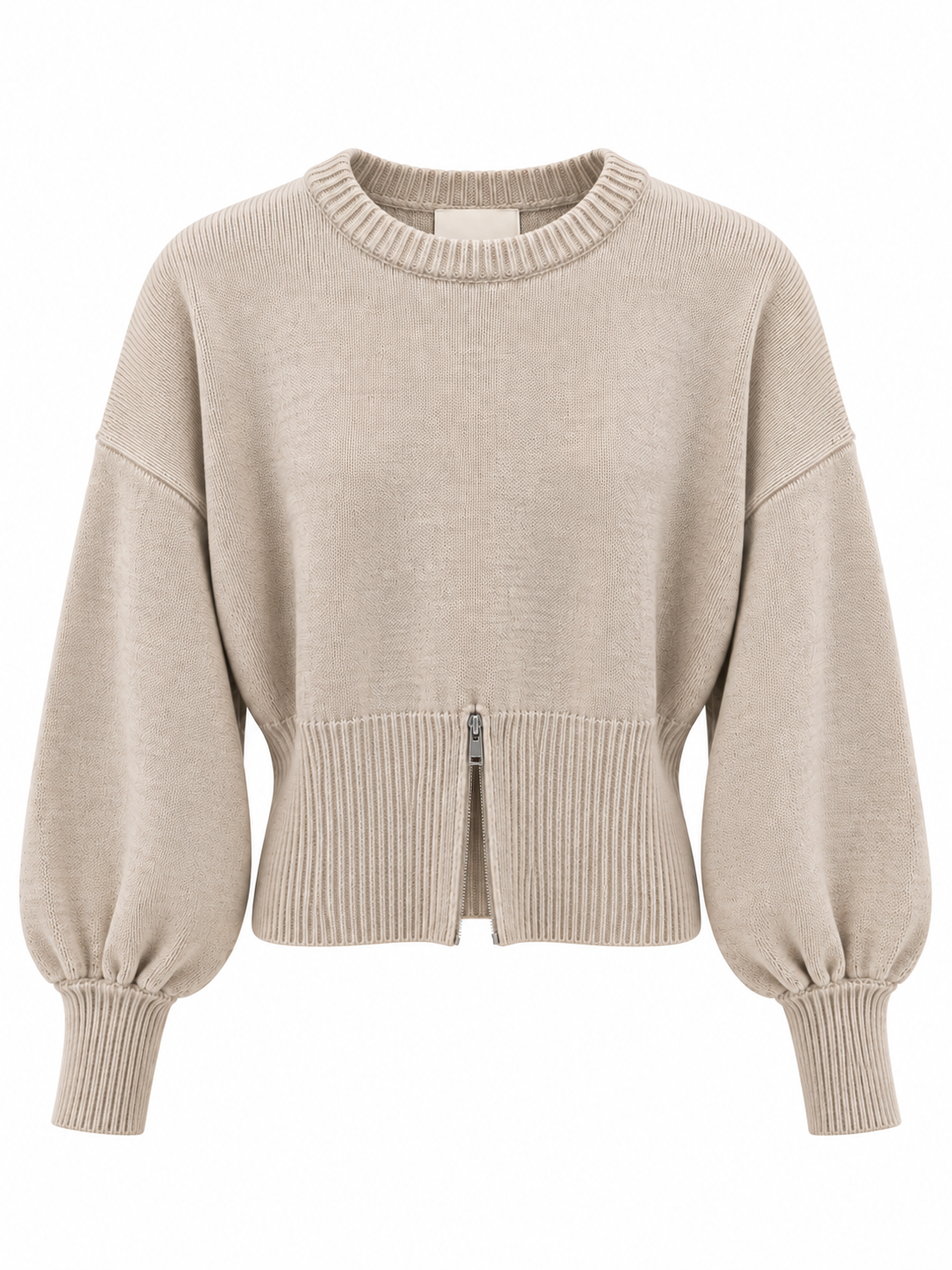 Maglia beige manica palloncino fittata con zip