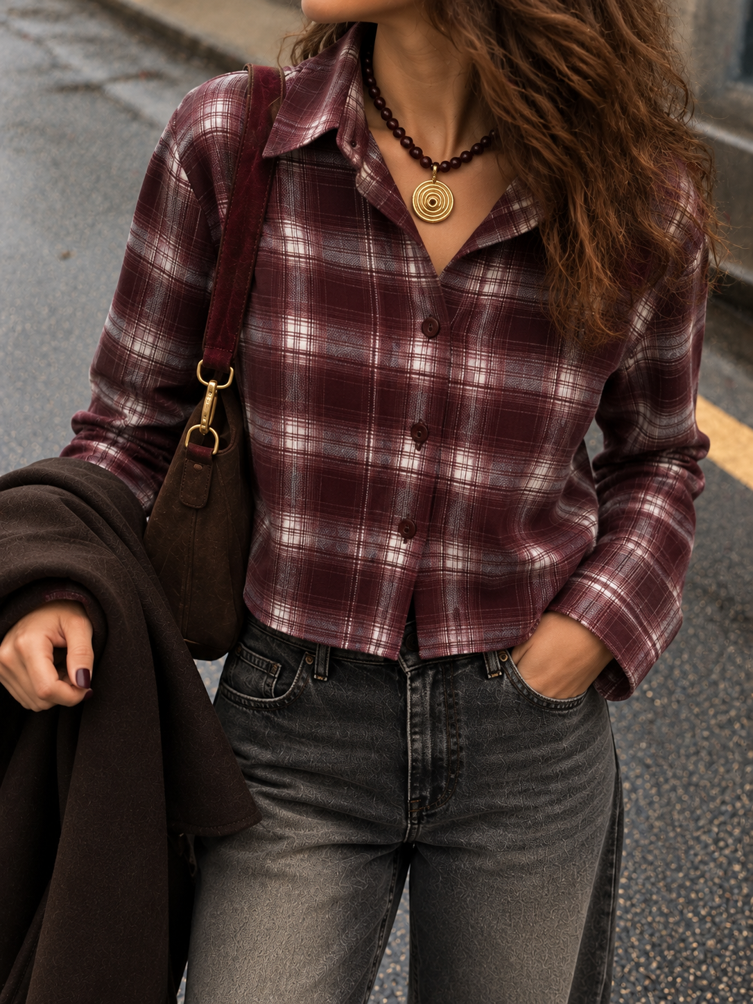Camicia crop check bianca/bordeaux