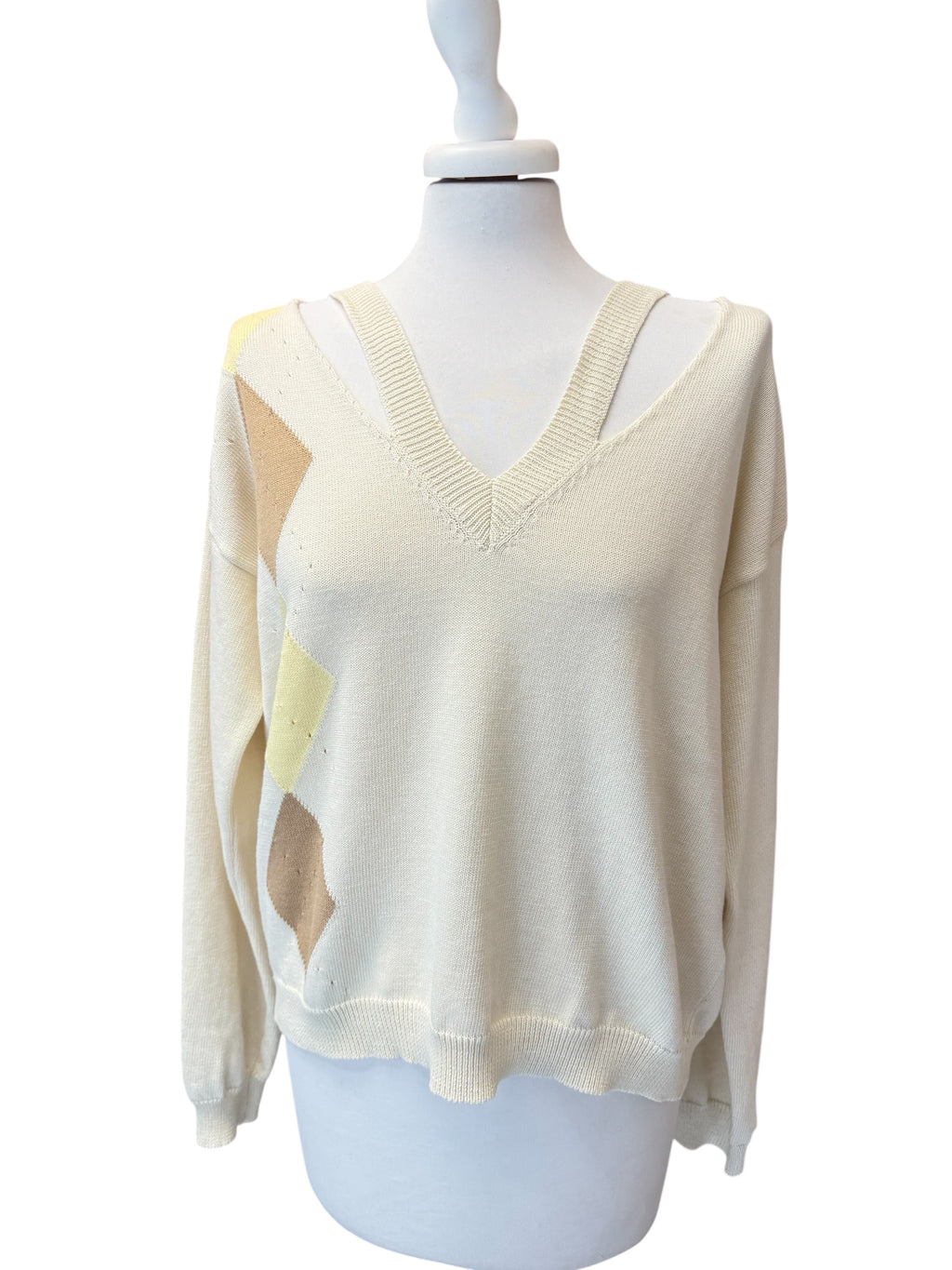 Maglia cutout crema rombi Camel/giallo