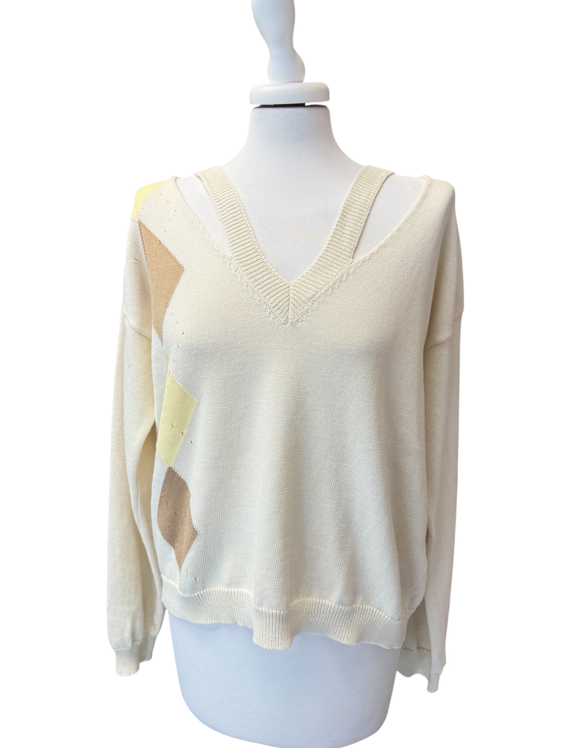 Maglia cutout crema rombi Camel/giallo