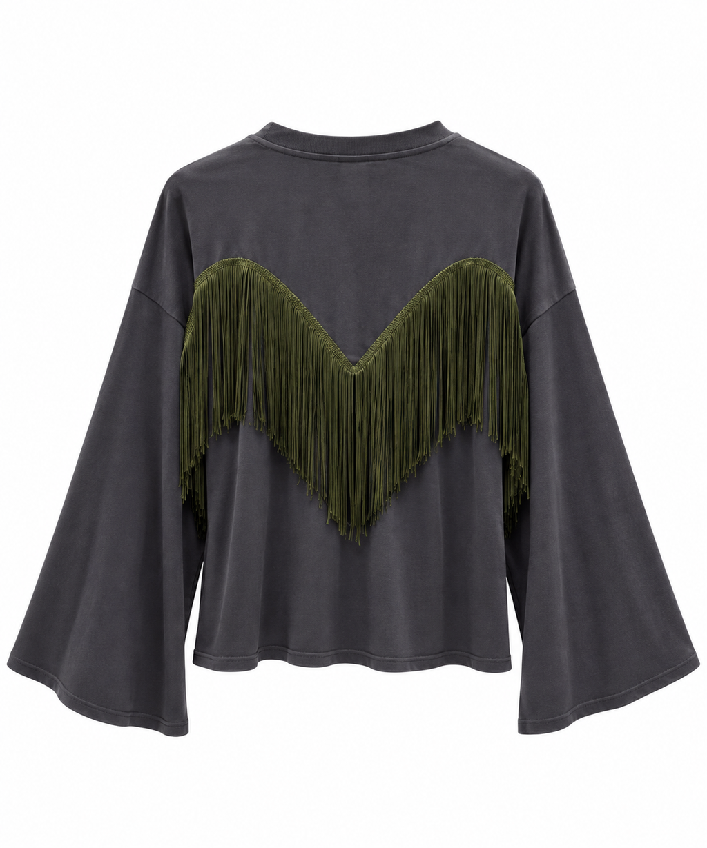 Maglia antracite con frangia e manica a campana 27M6300