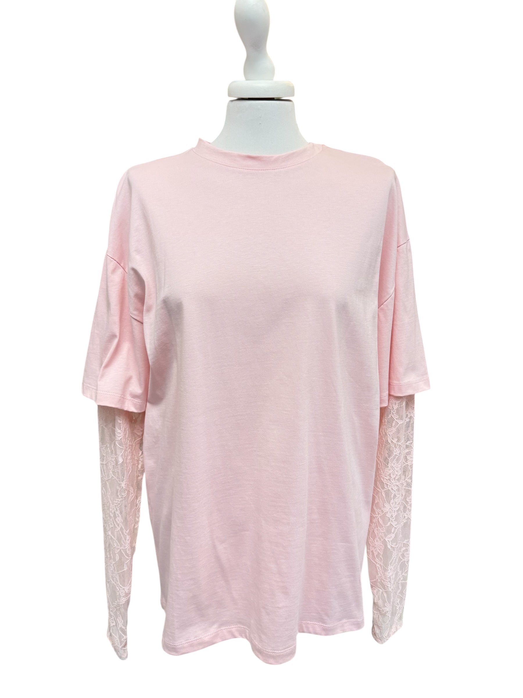 Maglia over manica pizzo rosa