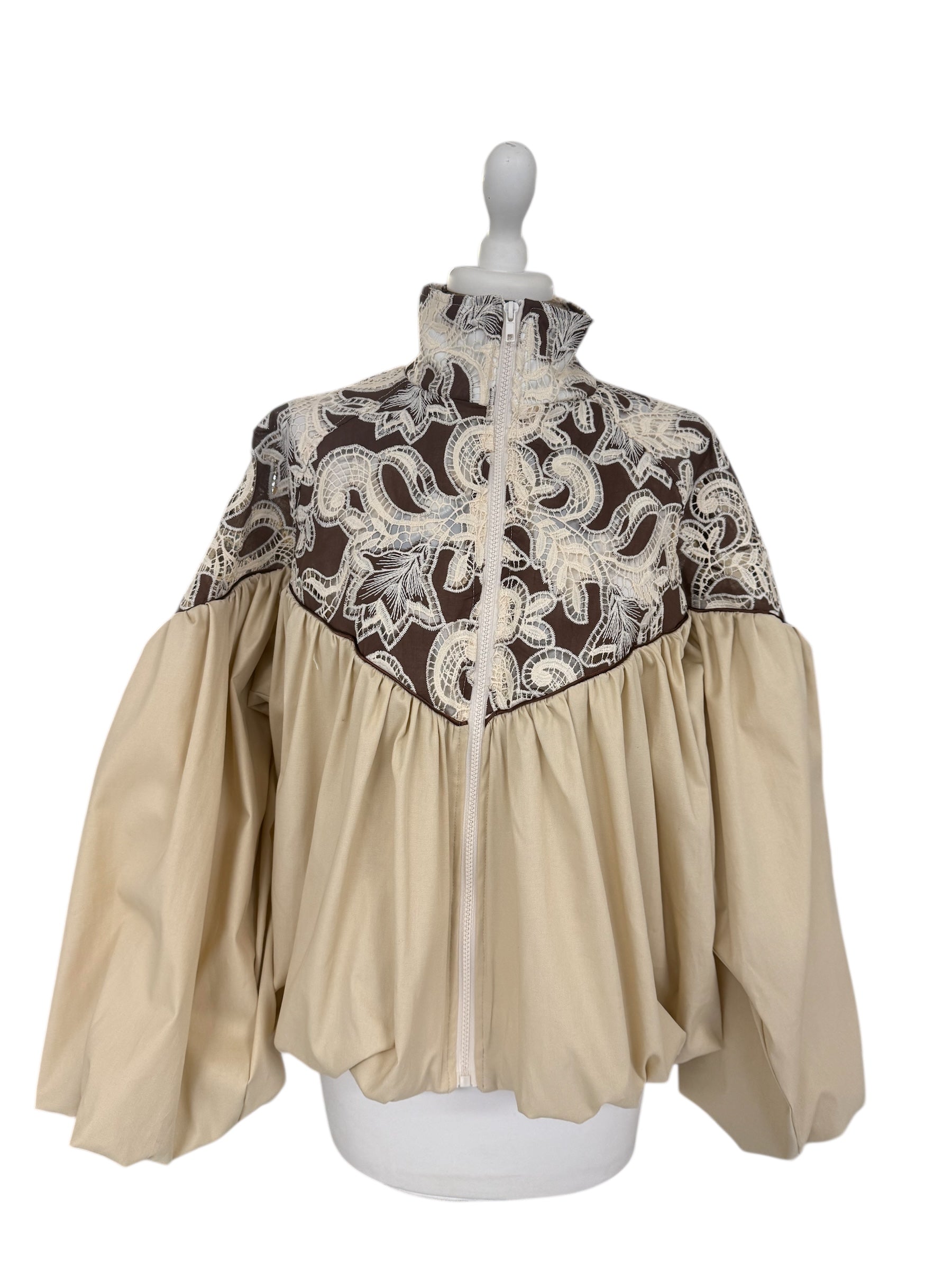 Bomber cotone e pizzo moro/beige 38955