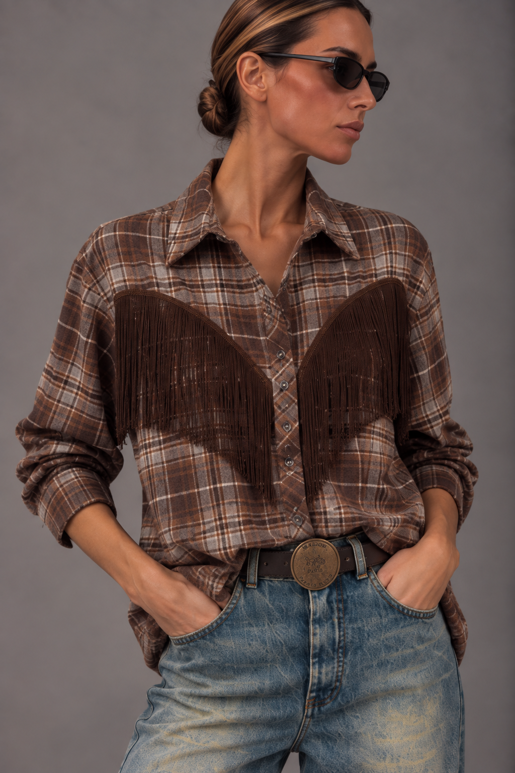 Camicia check con frange grigio/moro