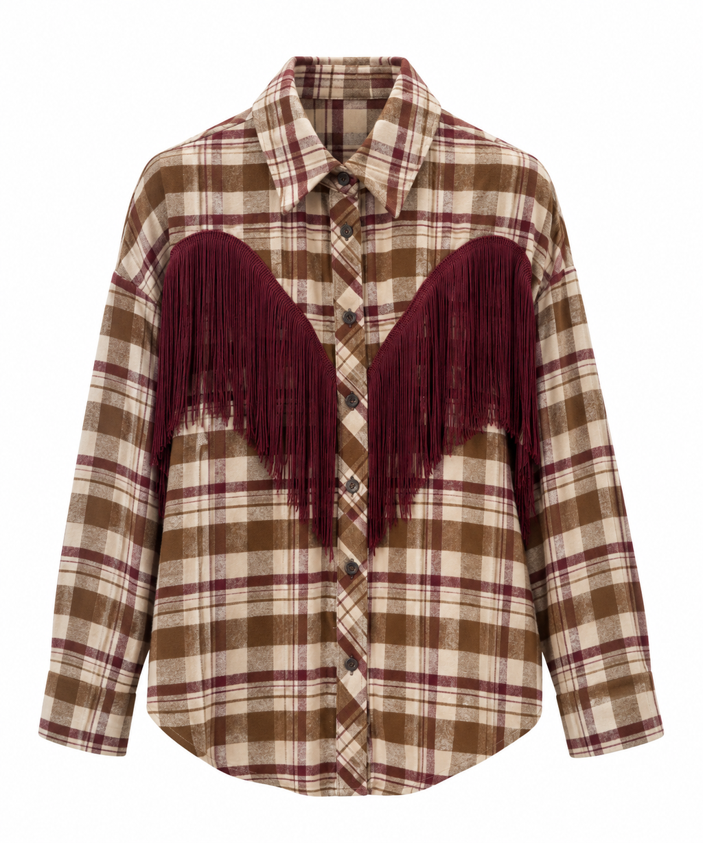 Camicia check frange beige/bordeaux
