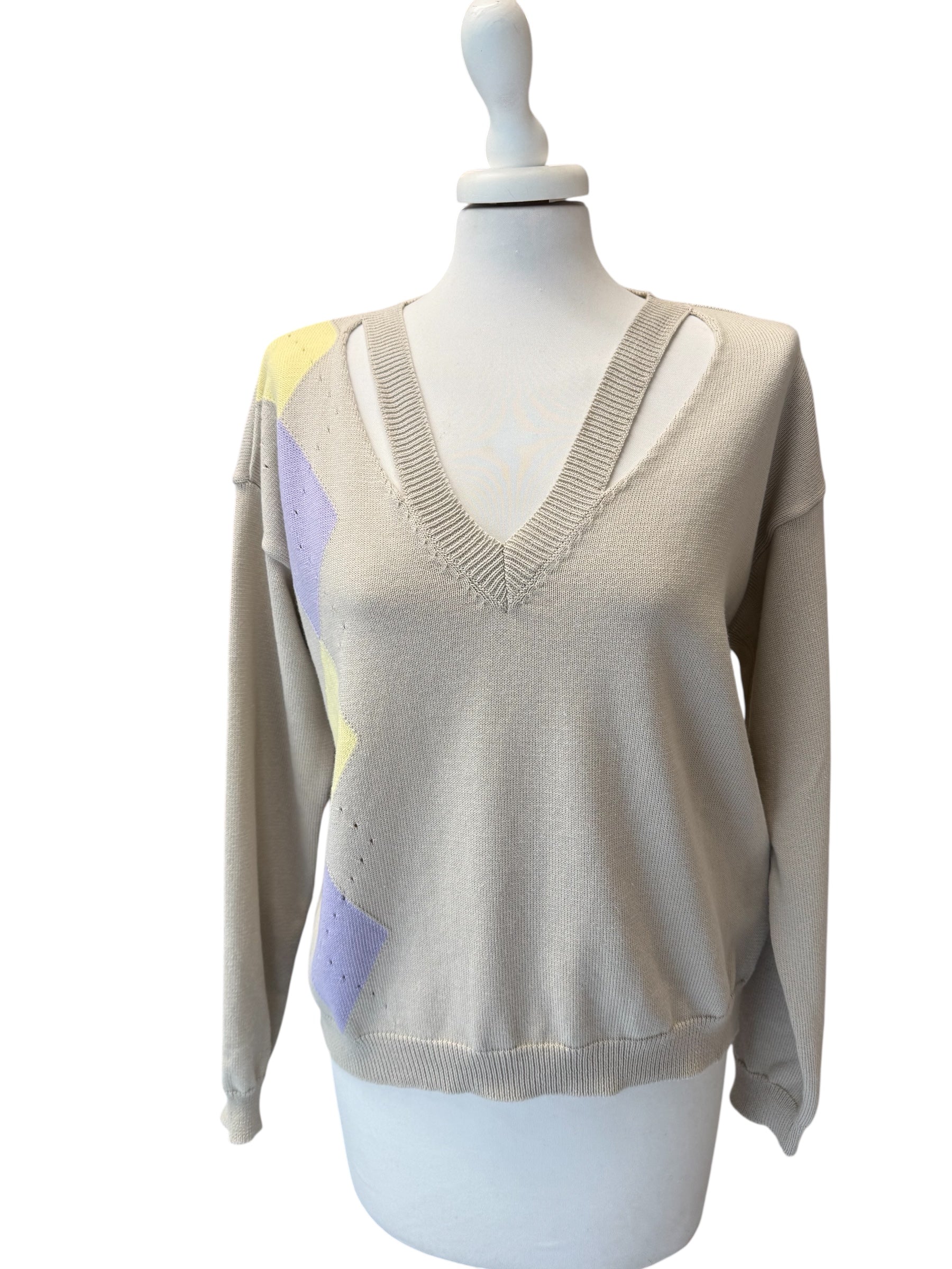 Maglia beige cutout rombi lilla/giallo