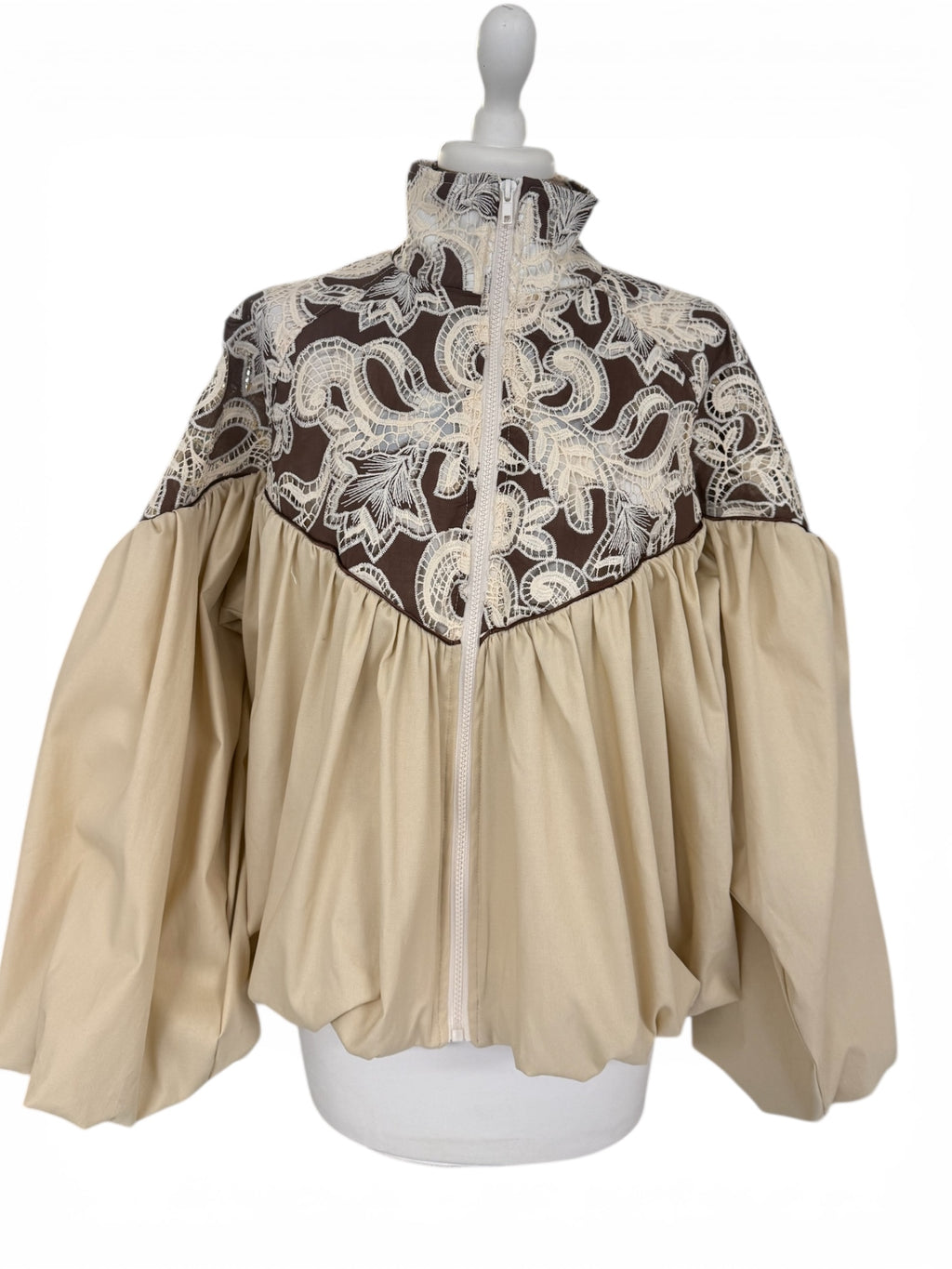 Bomber cotone e pizzo moro/beige 38955